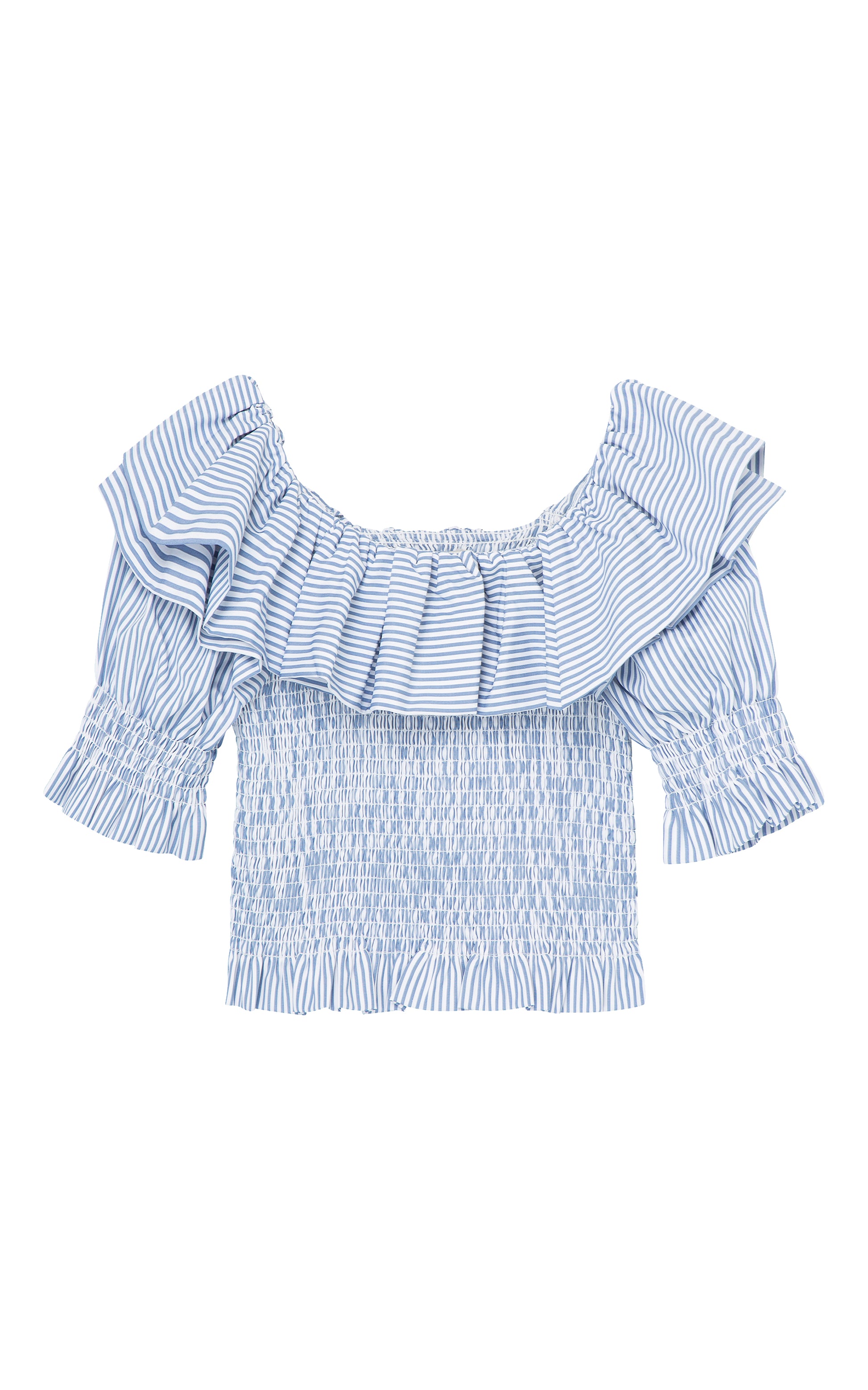 BLUE AND WHITE STRIPED THREE-QUARTER-LENGTH SLEEVE TOP WITH A WIDE RUFFLED NECKLINE AND A SMOCKED BODICE