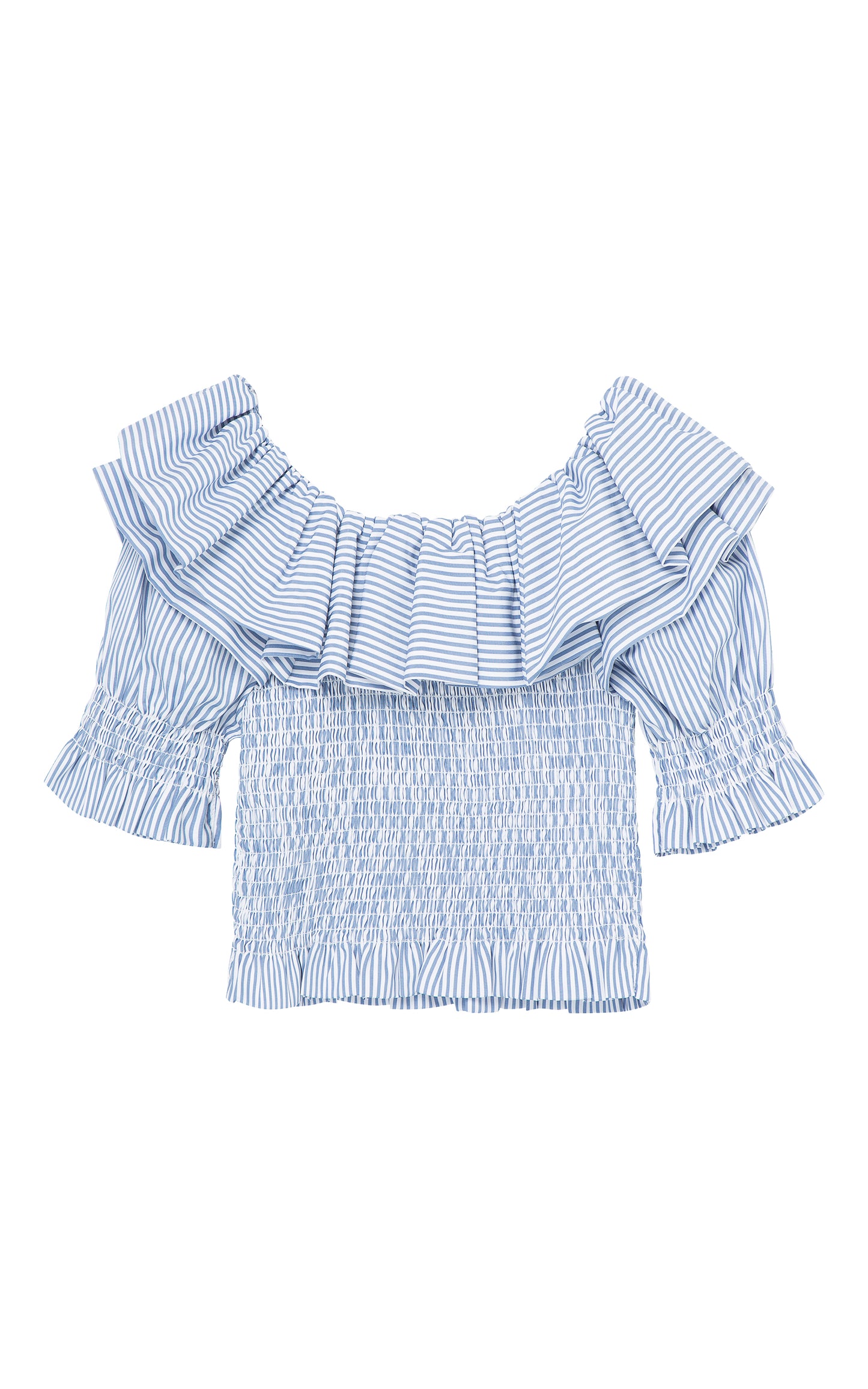 BACK OF BLUE AND WHITE STRIPED THREE-QUARTER-LENGTH SLEEVE TOP WITH A WIDE RUFFLED NECKLINE AND A SMOCKED BODICE