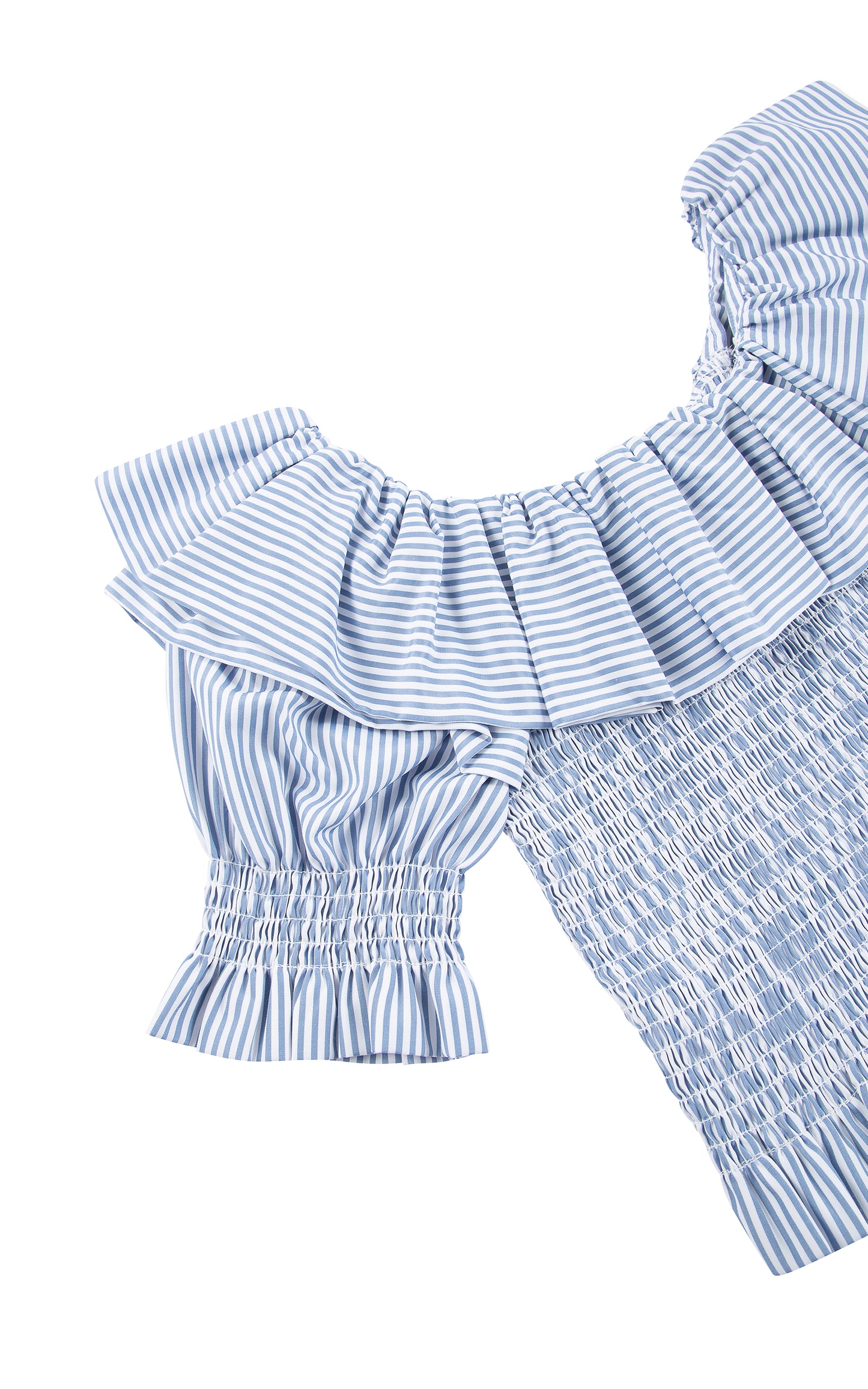 CLOSE UP OF BLUE AND WHITE STRIPED THREE-QUARTER-LENGTH SLEEVE TOP WITH A WIDE RUFFLED NECKLINE AND A SMOCKED BODICE