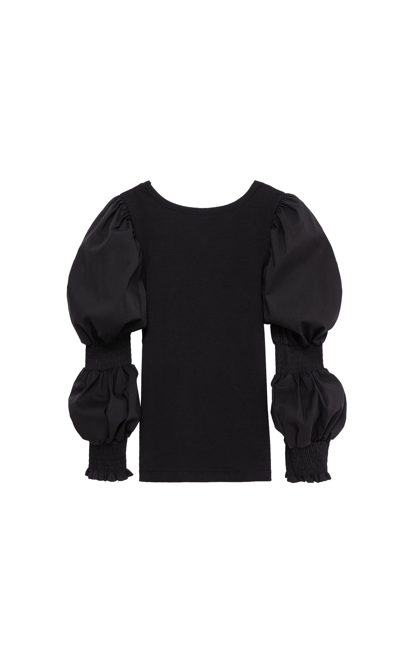 BACK OF BLACK LONG-SLEEVE TOP WITH SMOCKING ALONG THE SLEEVES