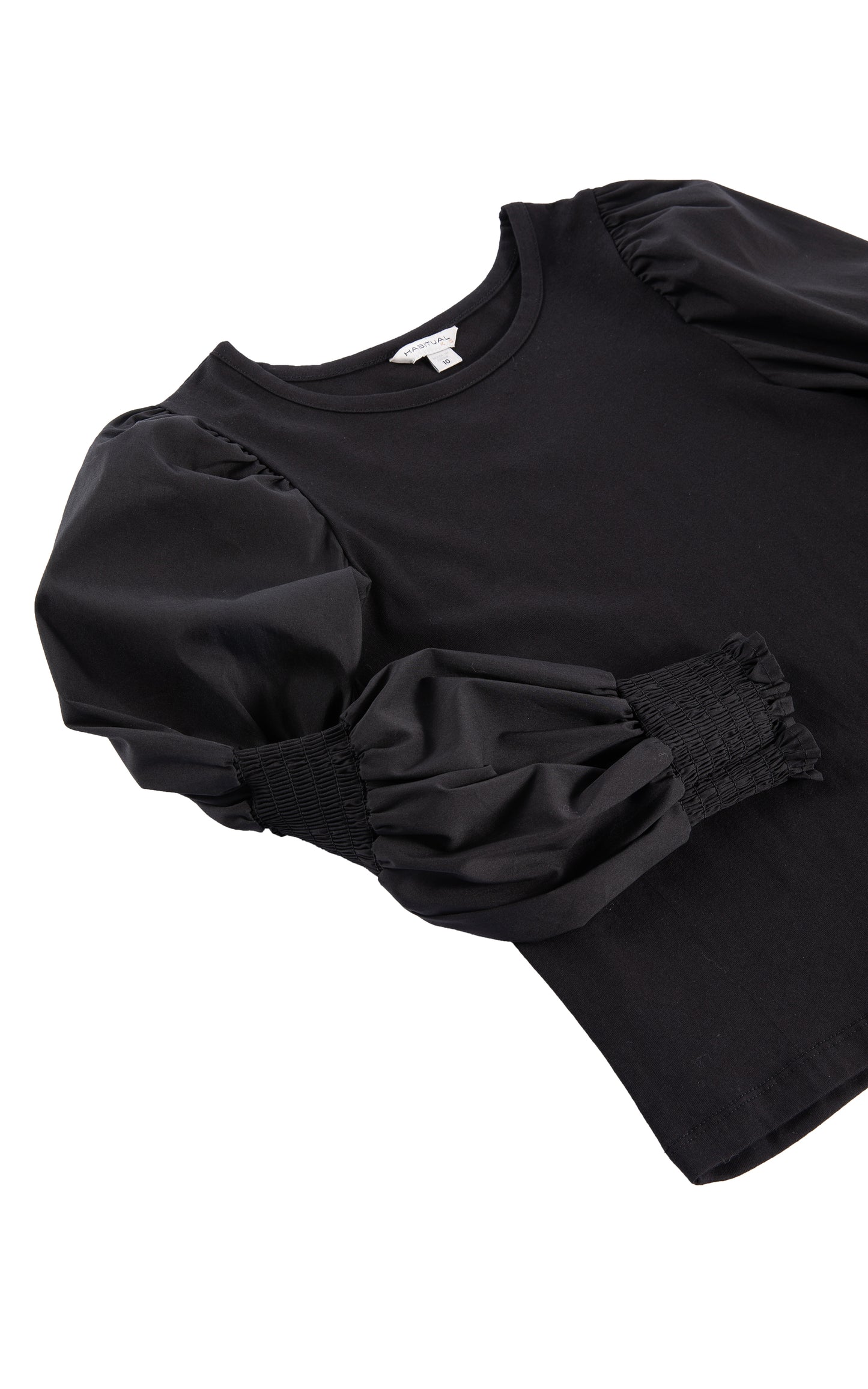 CLOSE UP OF BLACK LONG-SLEEVE TOP WITH SMOCKING ALONG THE SLEEVES