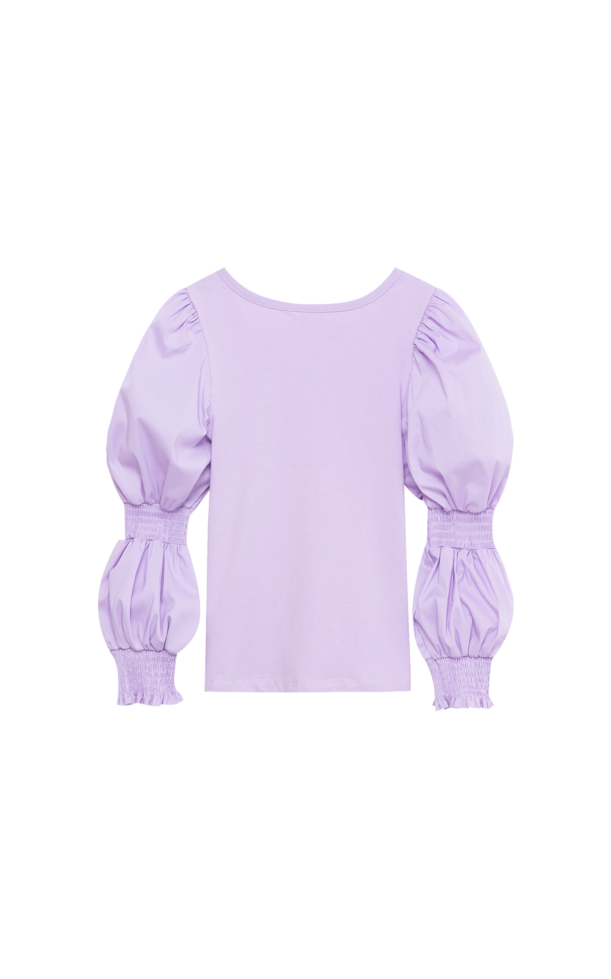 BACK OF LIGHT PURPLE LONG-SLEEVE TOP WITH SMOCKING ALONG THE SLEEVES
