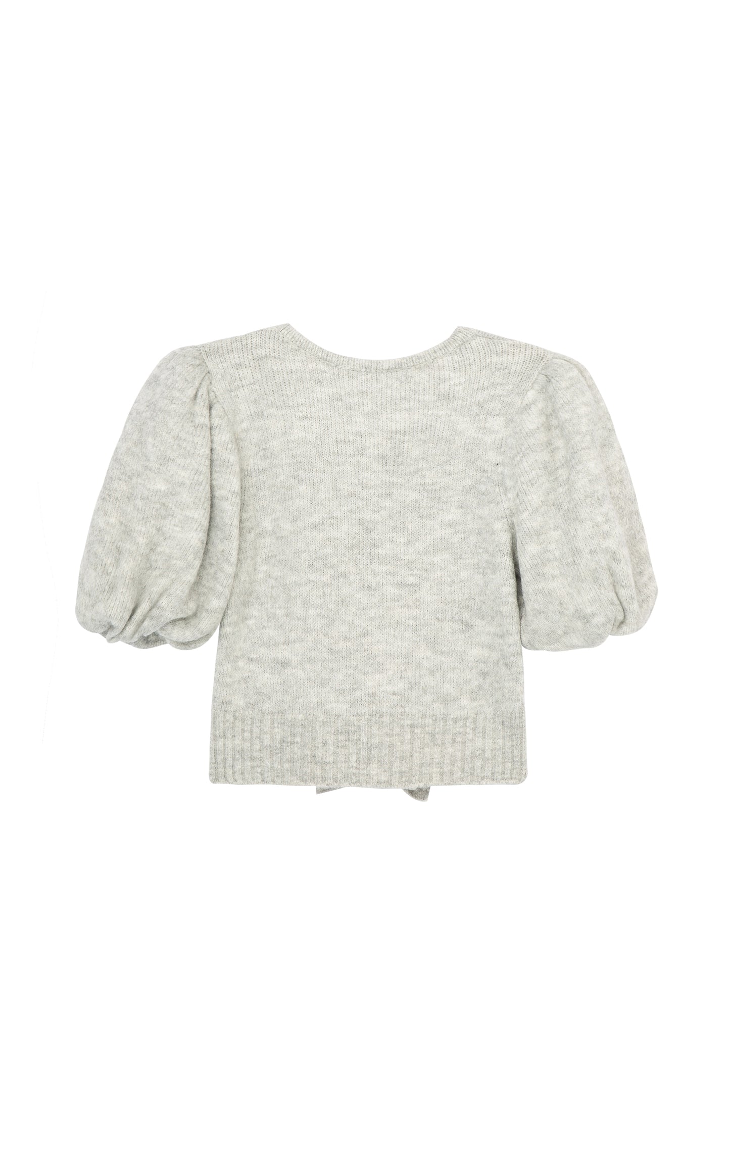 BACK OF LIGHT GREY PUFF SLEEVE SWEATER WITH TIE FRONT