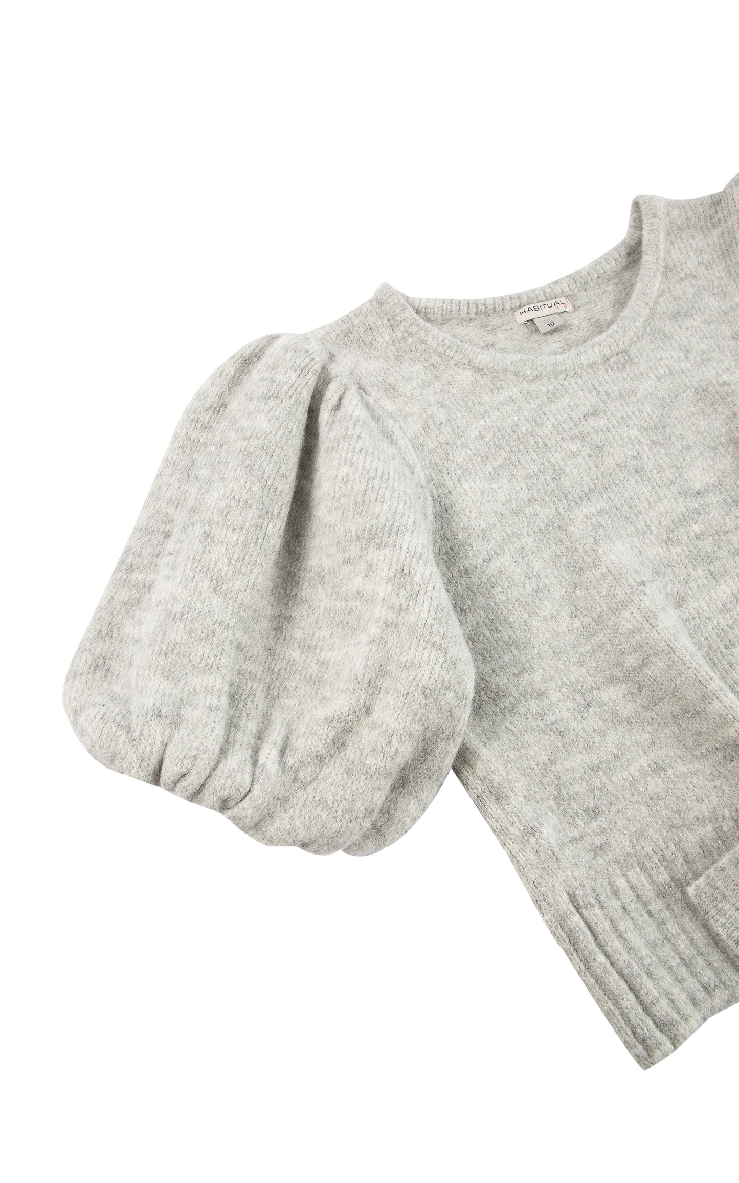 CLOSE UP OF LIGHT GREY PUFF SLEEVE SWEATER WITH TIE FRONT