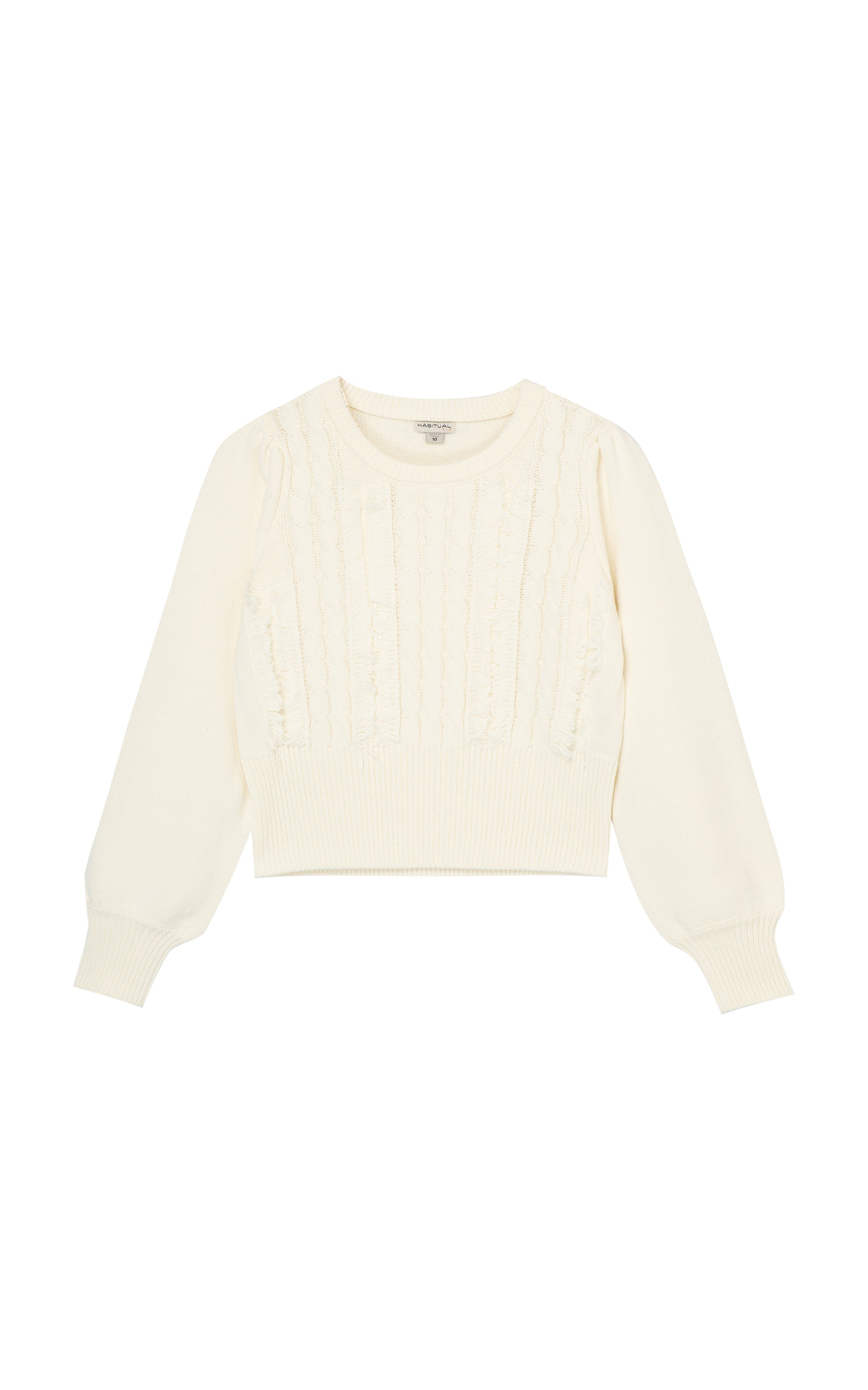 Front view of an off-white cable-knit sweater with fringe detailing