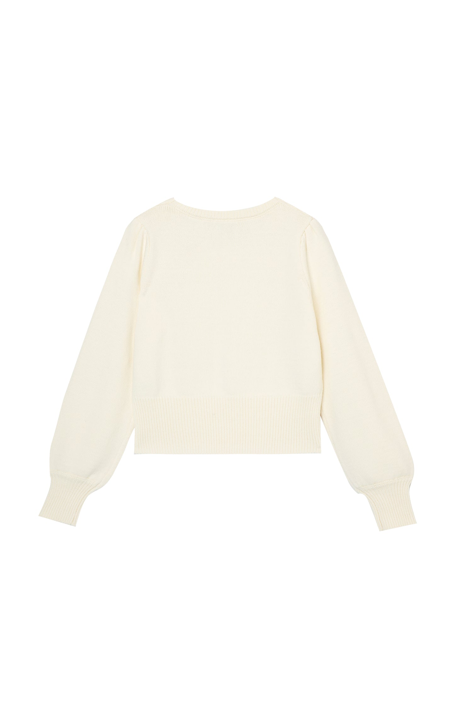 Back view of an off-white cable-knit sweater with fringe detailing