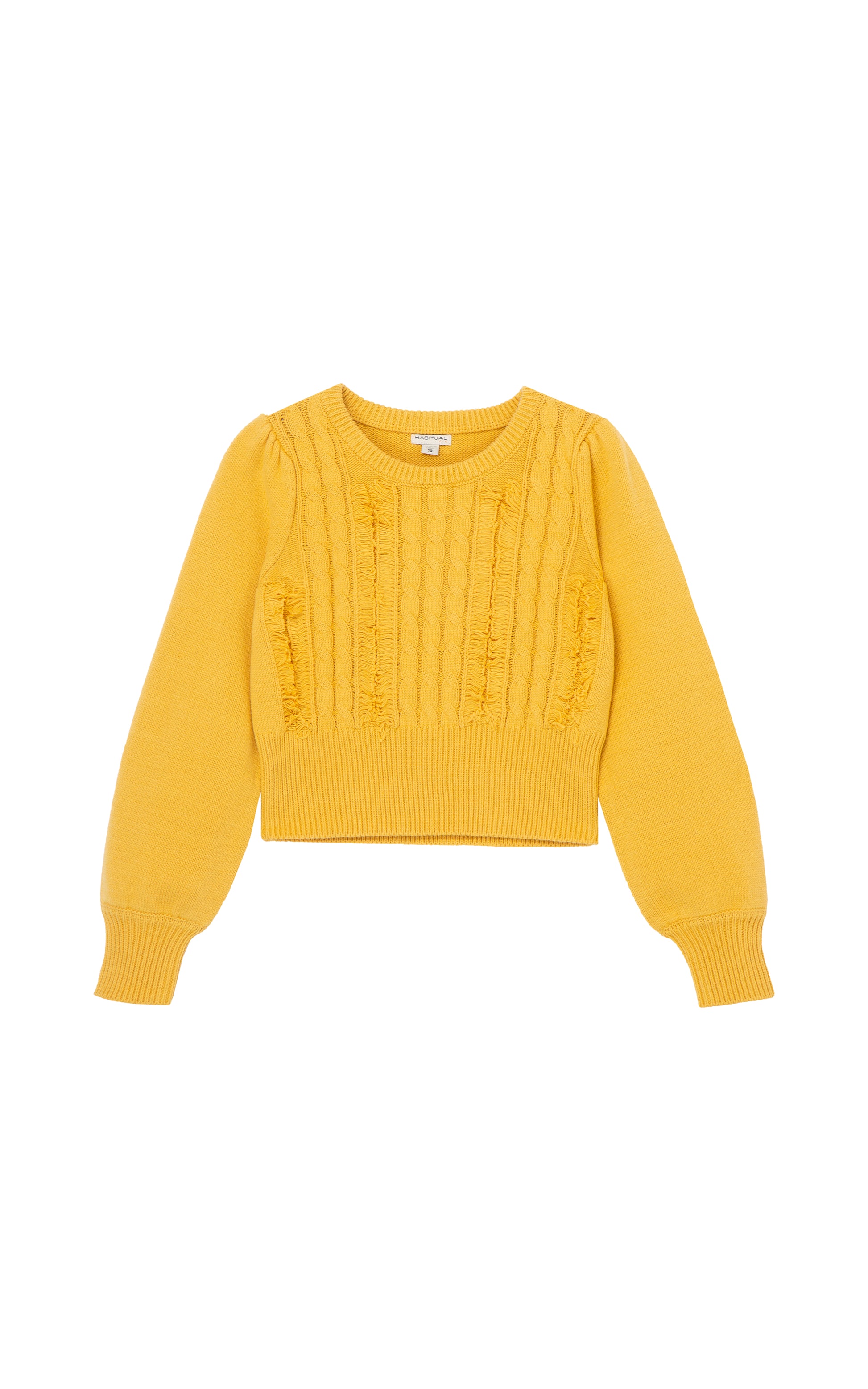 Front view of a yellow cable-knit sweater with fringe detailing