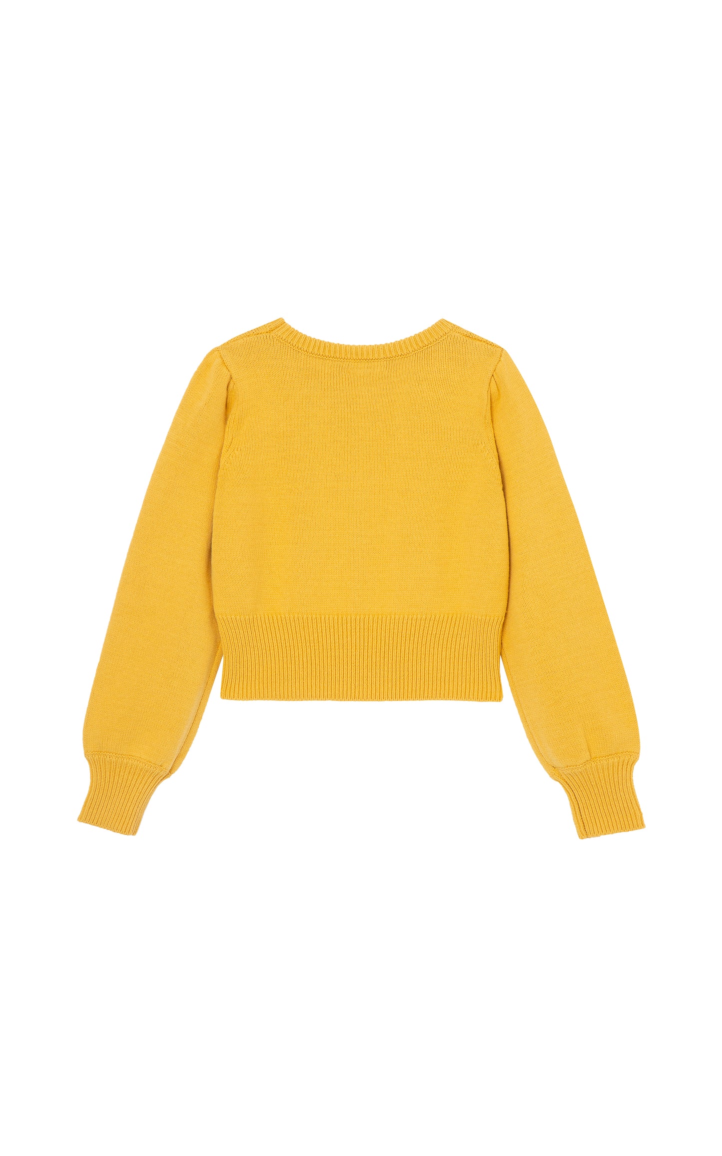 Back view of a yellow cable-knit sweater with fringe detailing