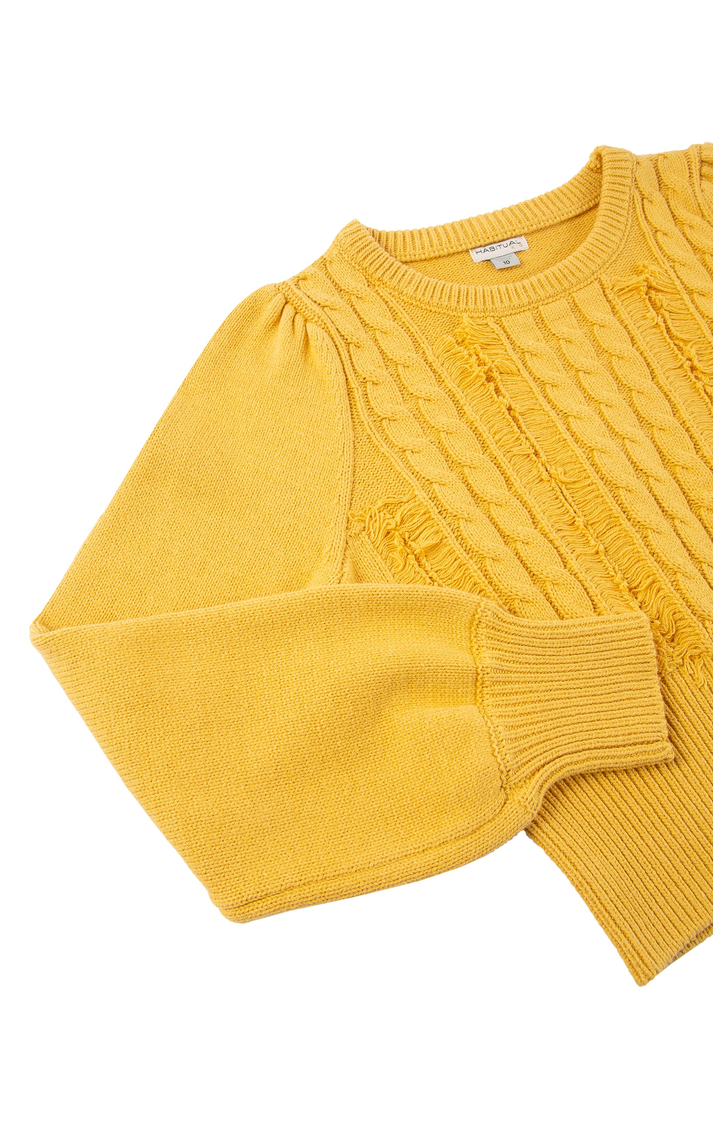 Side view of a yellow cable-knit sweater with fringe detailing