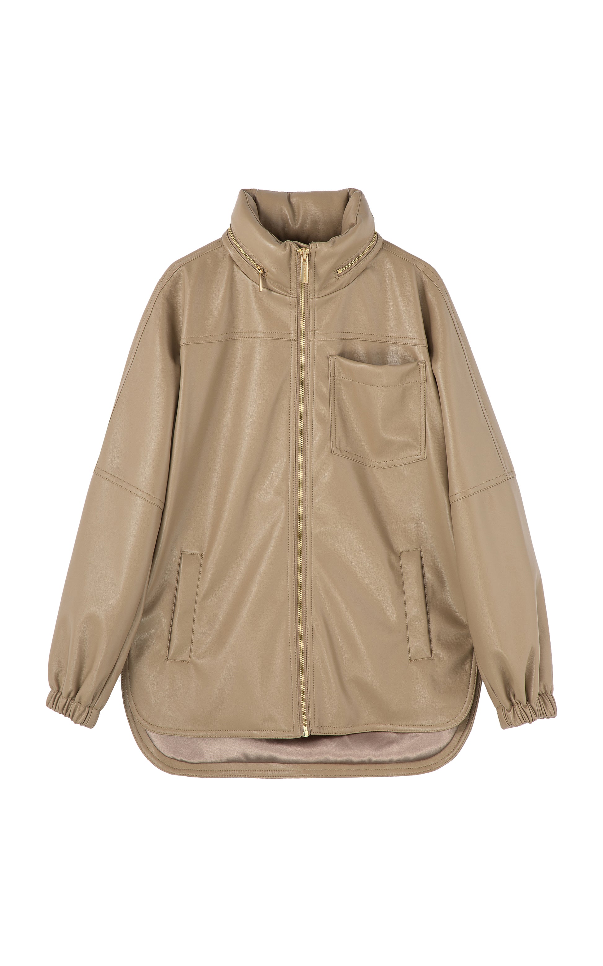 Front view of light brown leather zip-up jacket 