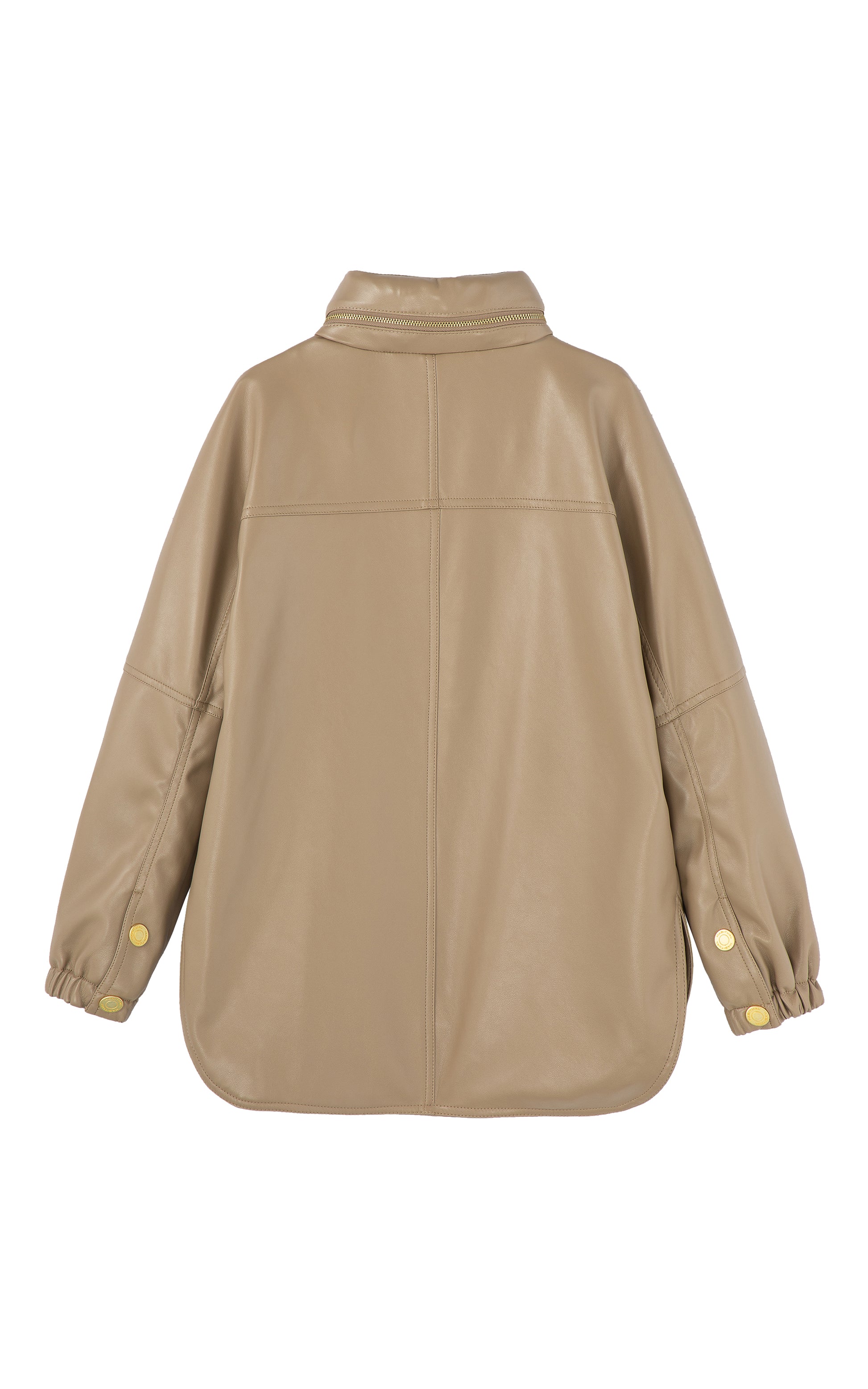 Back view of light brown leather zip-up jacket 