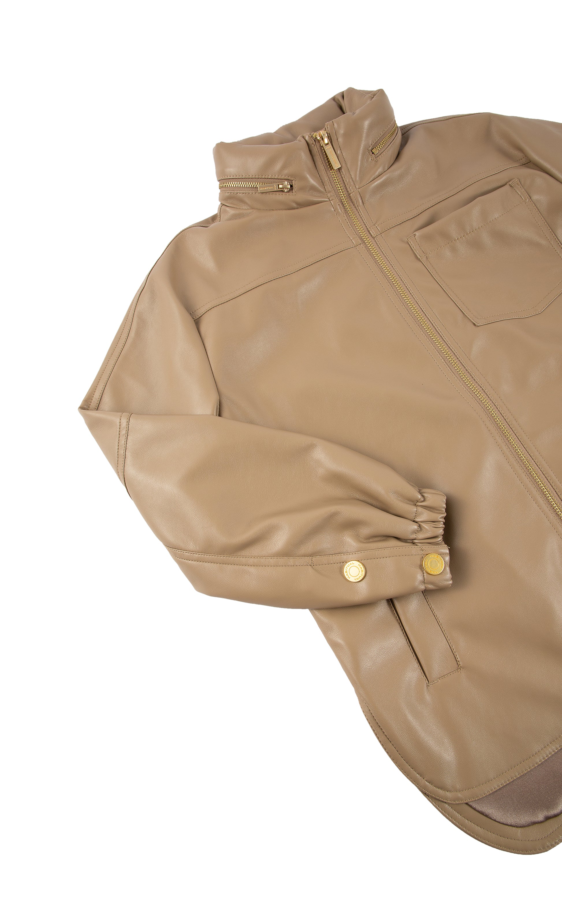 Close up view of light brown leather zip-up jacket 