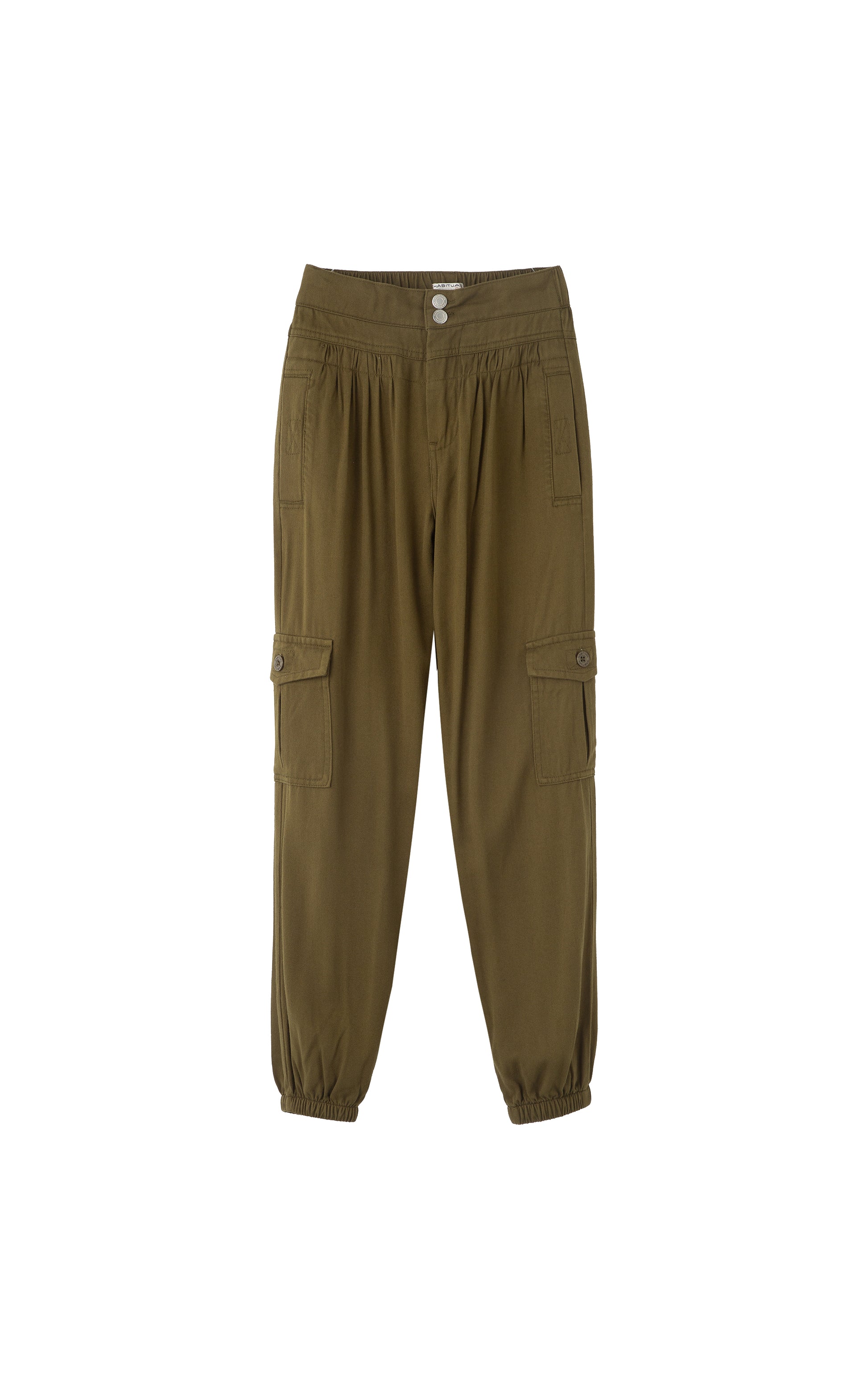 Olive pants with cargo pockets, pleat accents, and elastic ankle cuffs. 