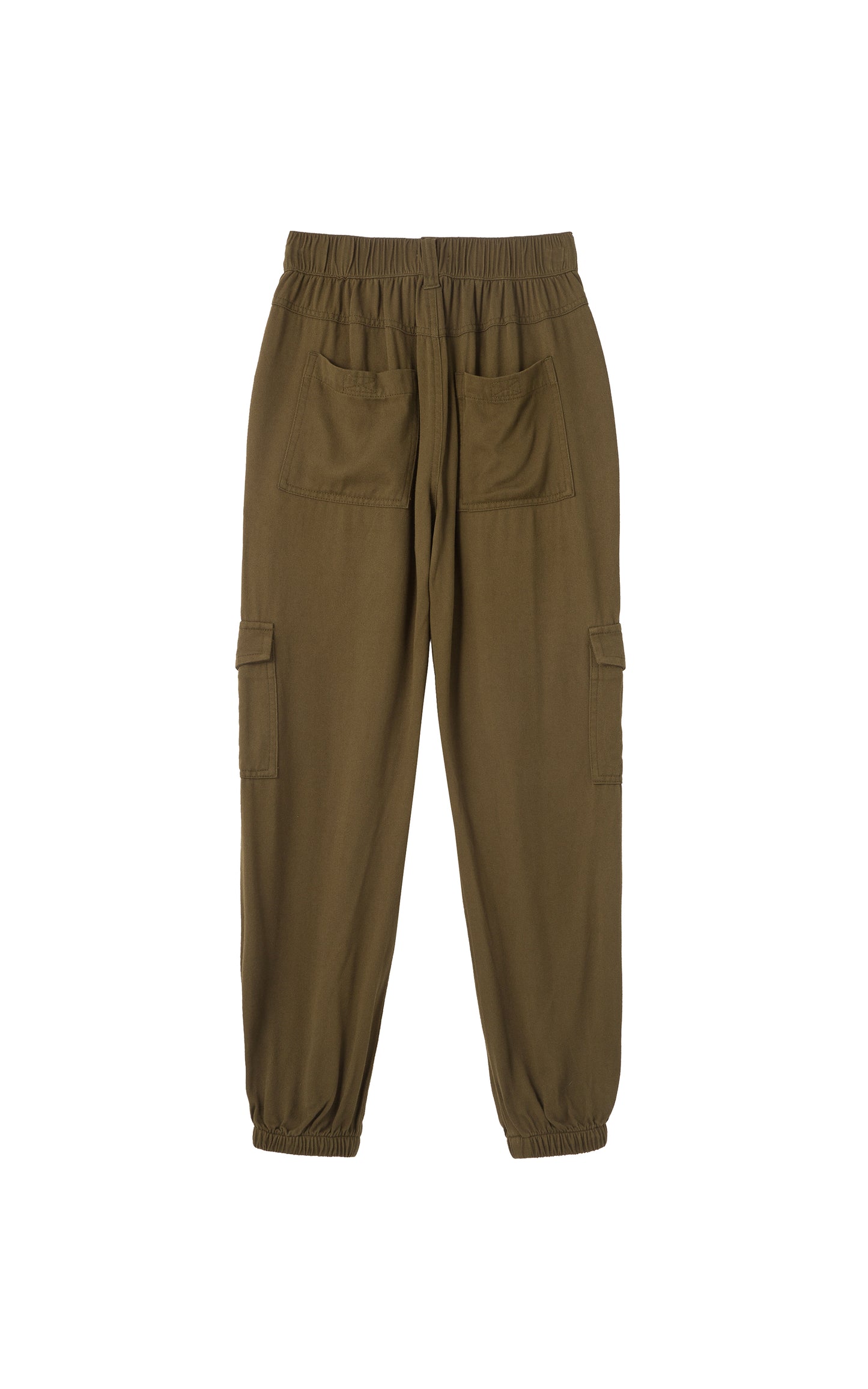 Back view of olive pants with cargo pockets, pleat accents, and elastic ankle cuffs. 