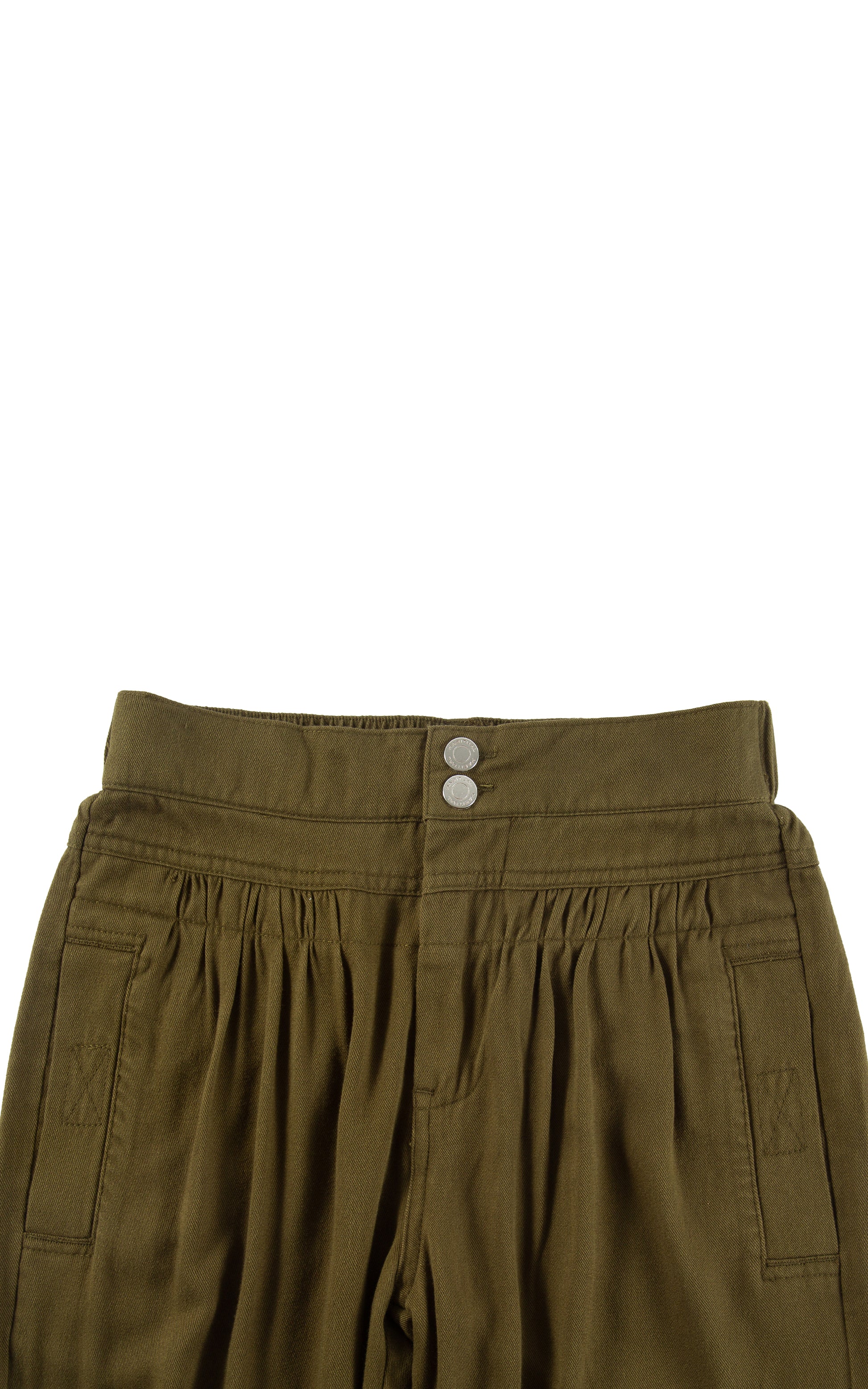 Close up of olive cargo pants waistband.
