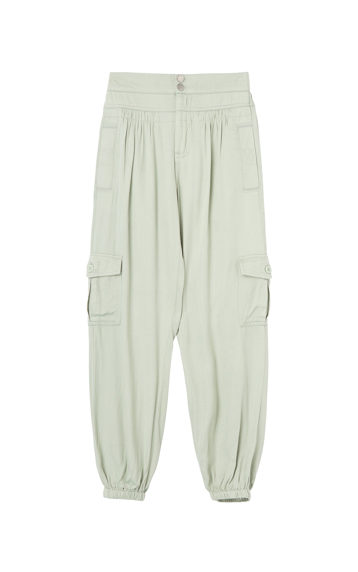 Light green pants with cargo pockets, pleat accents, and elastic ankle cuffs. 