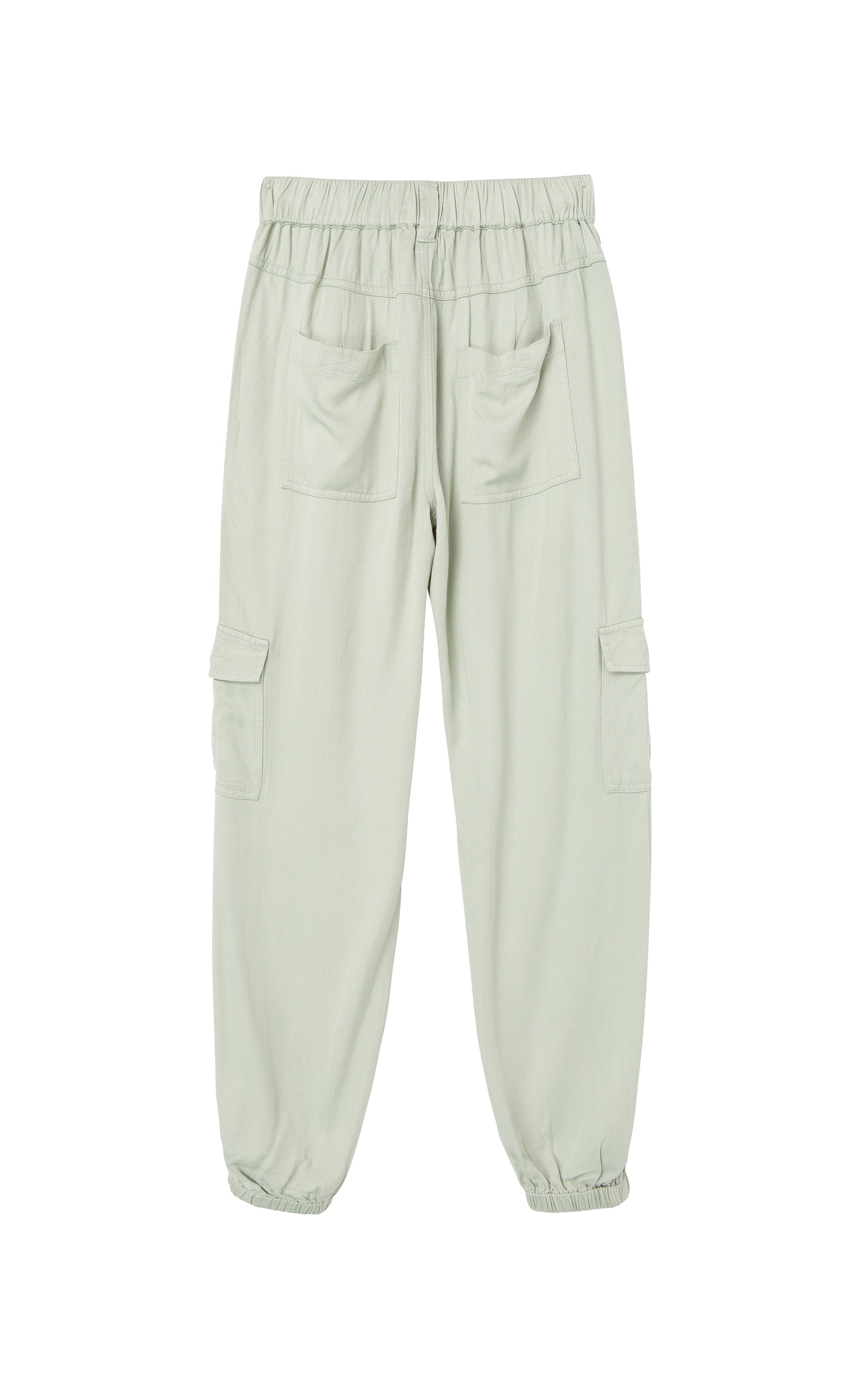 Back view of light green pants with cargo pockets, pleat accents, and elastic ankle cuffs. 