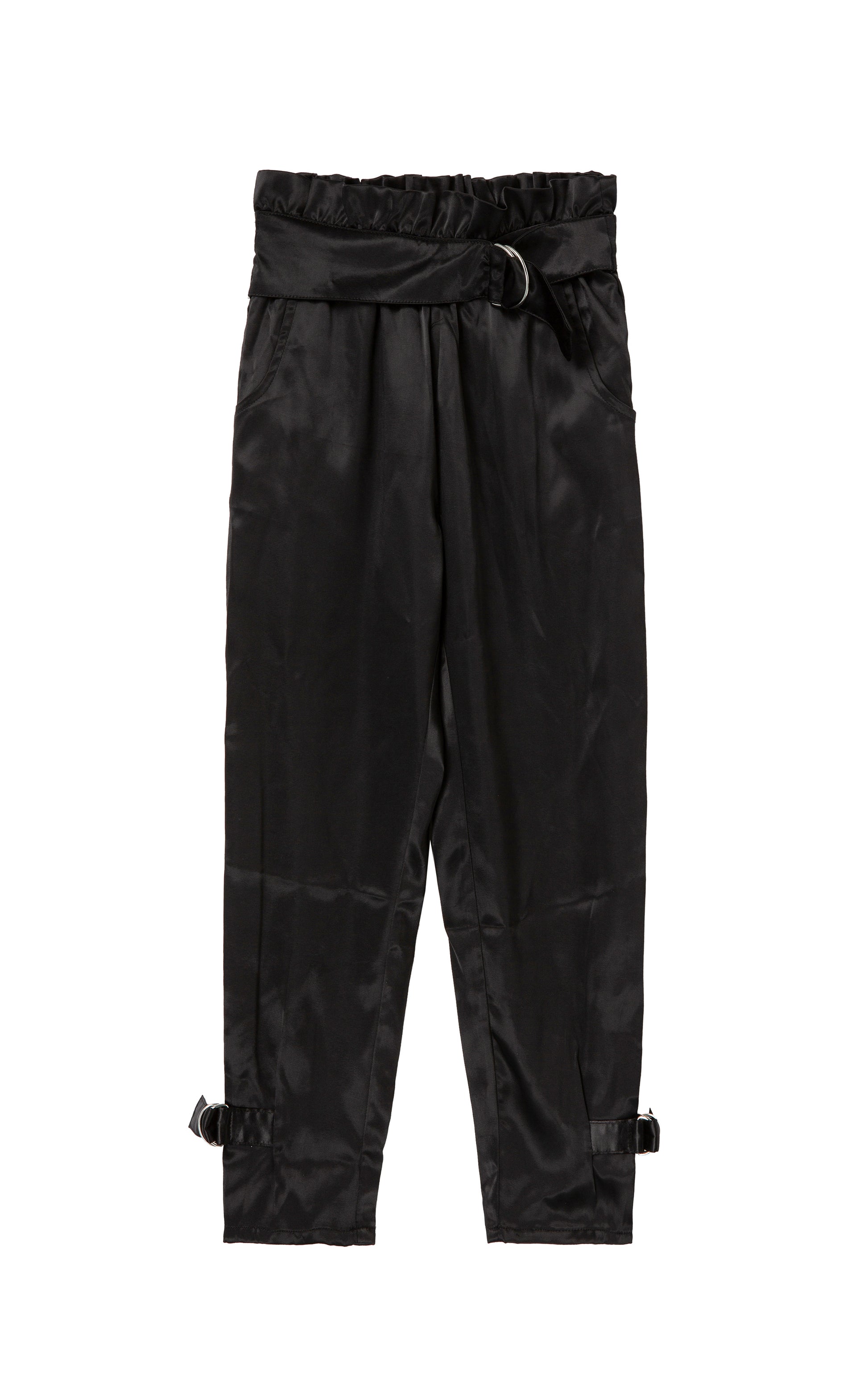 Black belted sateen pants with ankle buckles