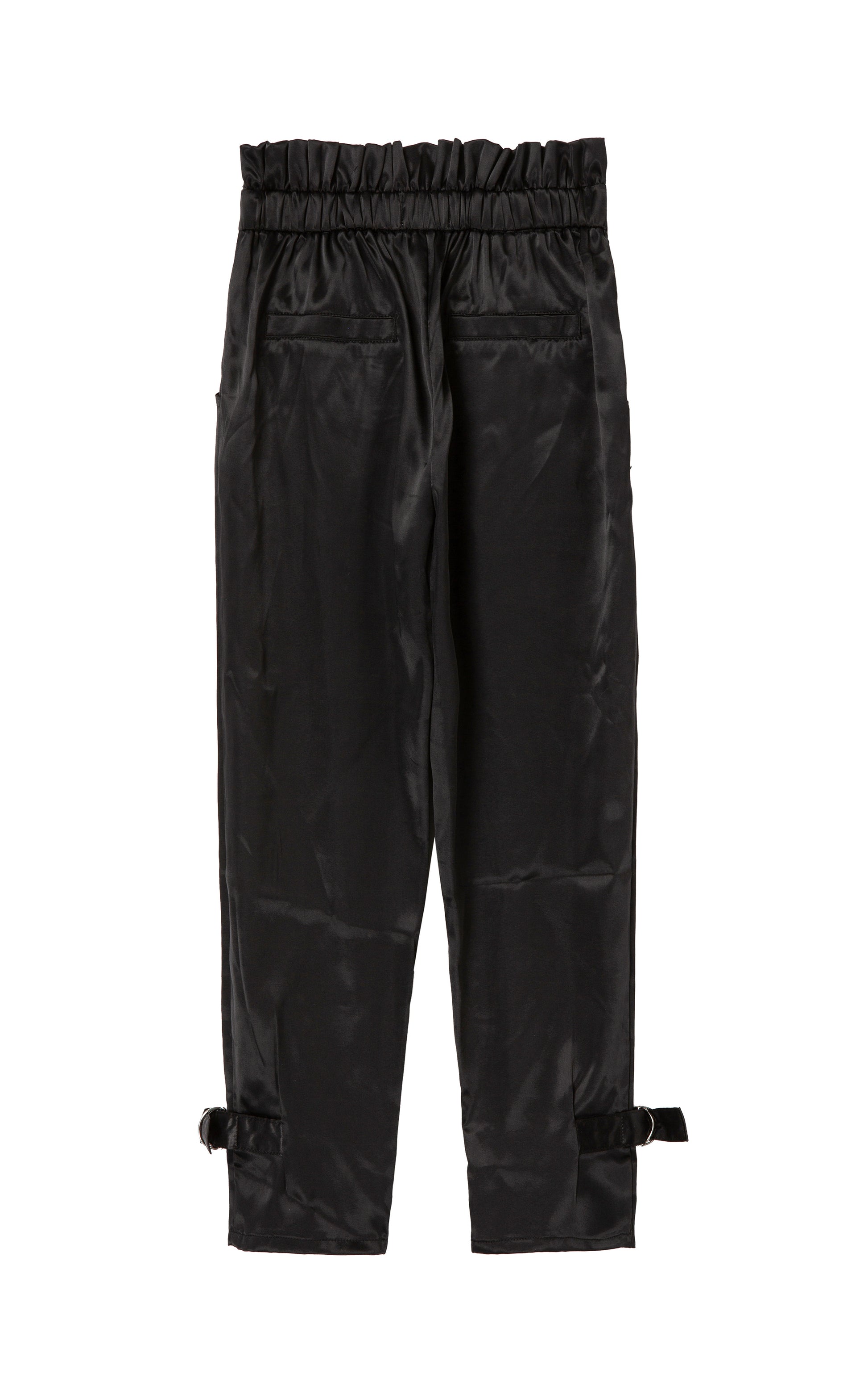 Back of black belted sateen pants with ankle buckles