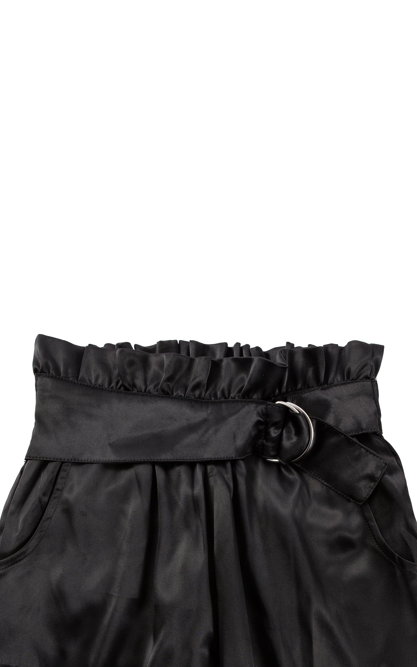 Close up of black belted sateen pants with ankle buckles