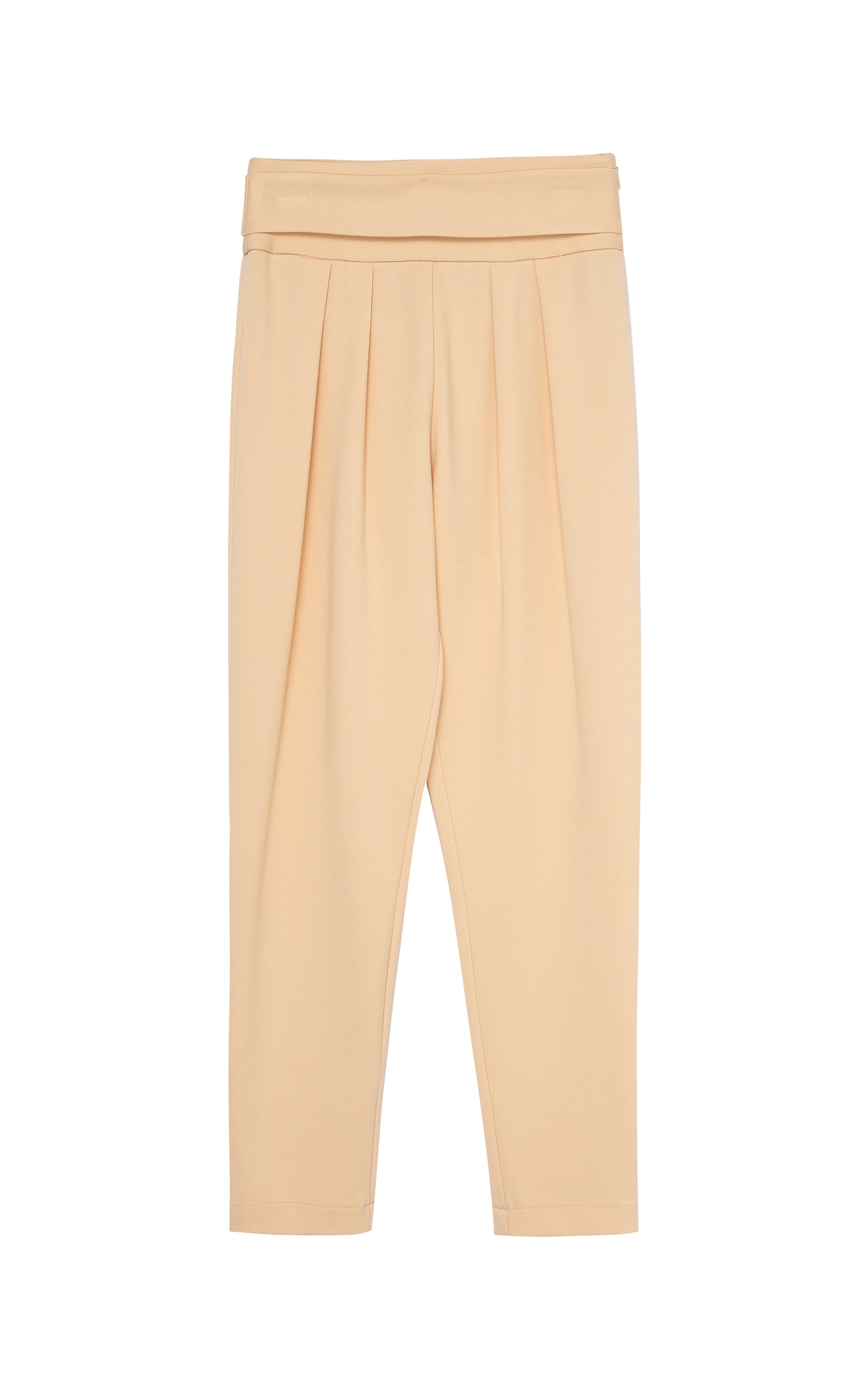 Front view of high waisted khaki fabric pant
