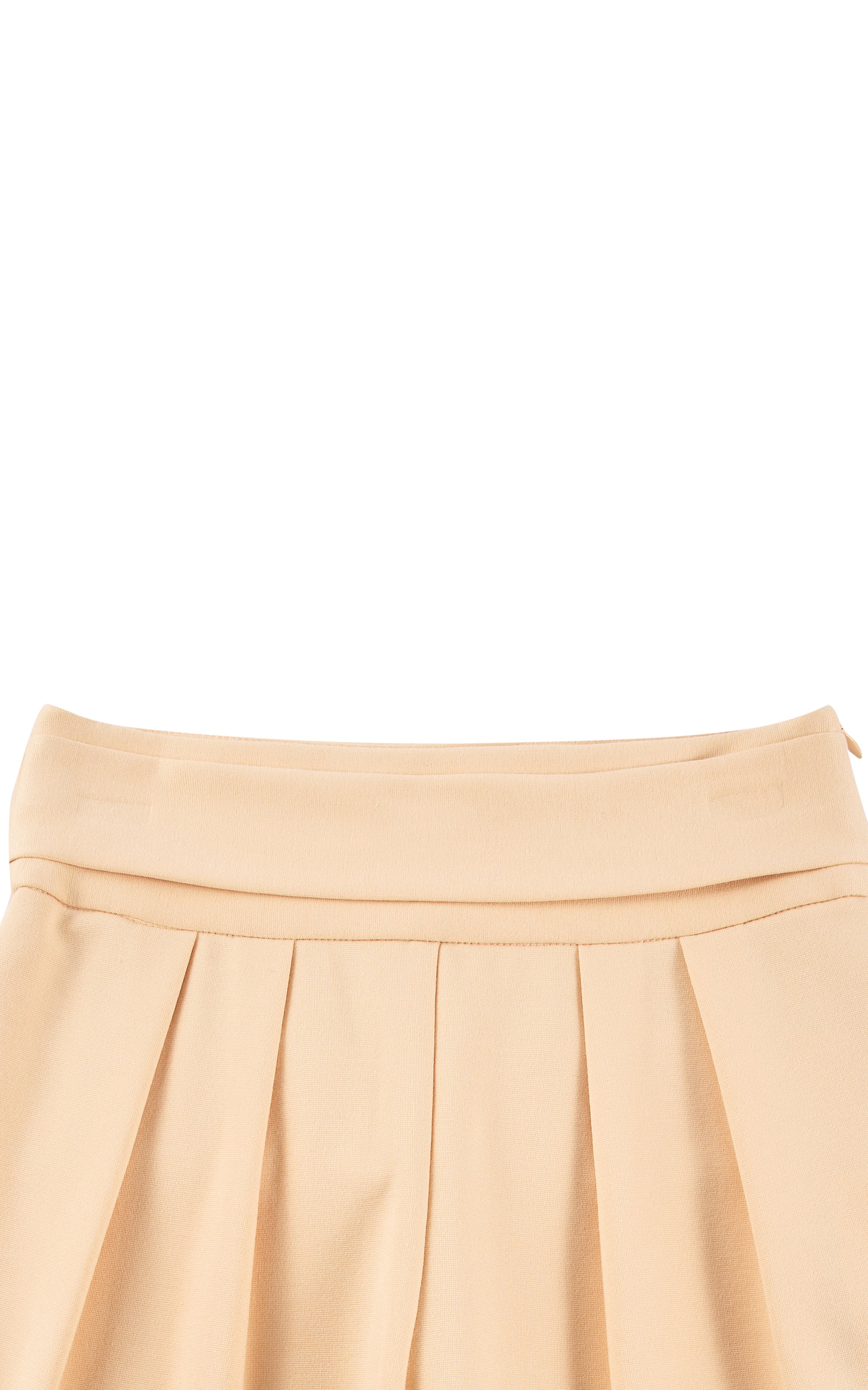 Close up view of high-waisted khaki fabric pant