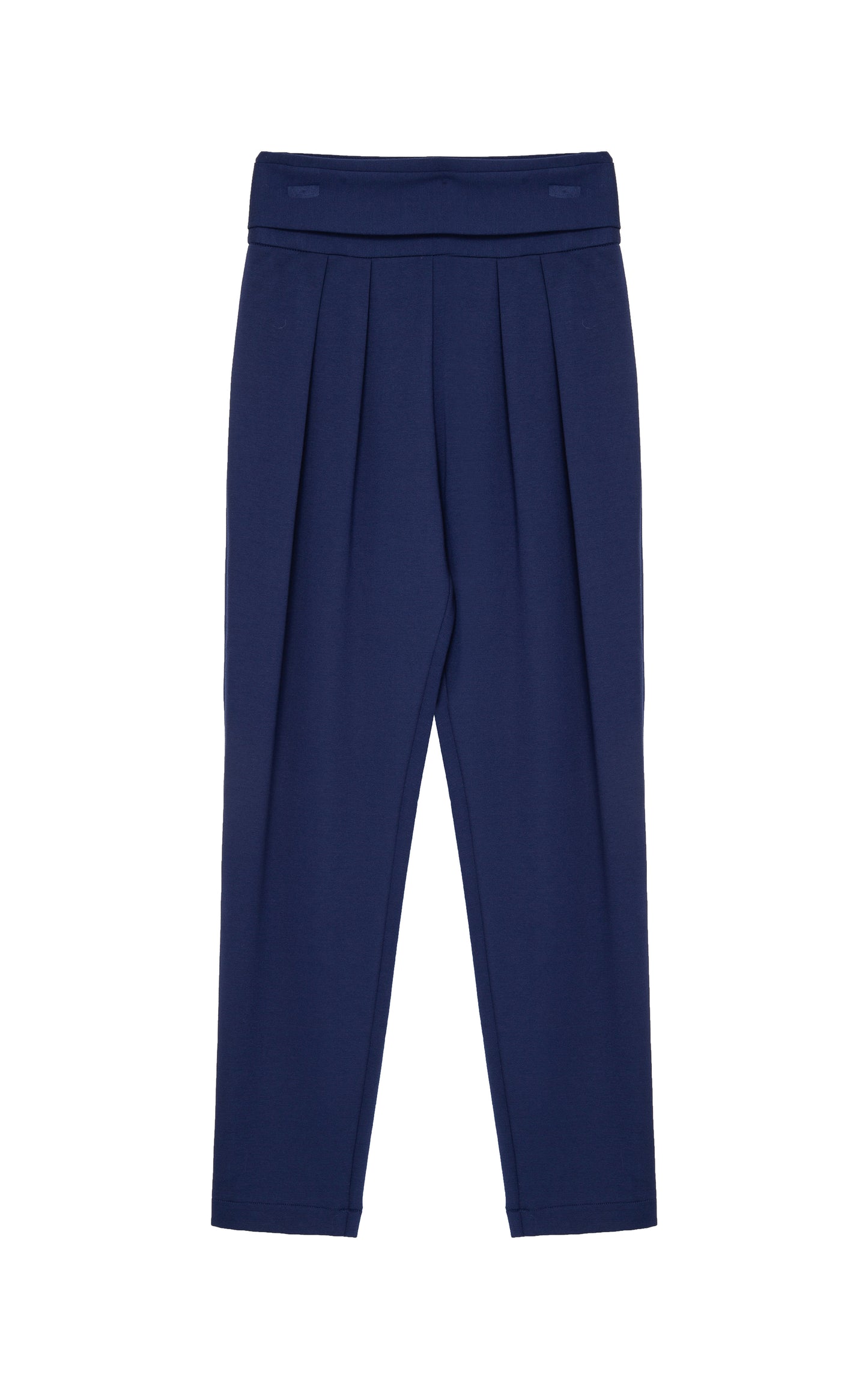 Front view of high-waisted navy fabric pant