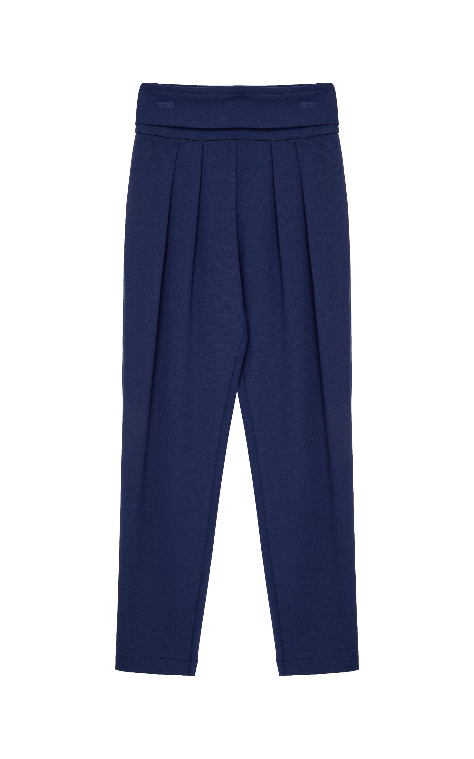 Front view of high-waisted navy fabric pant