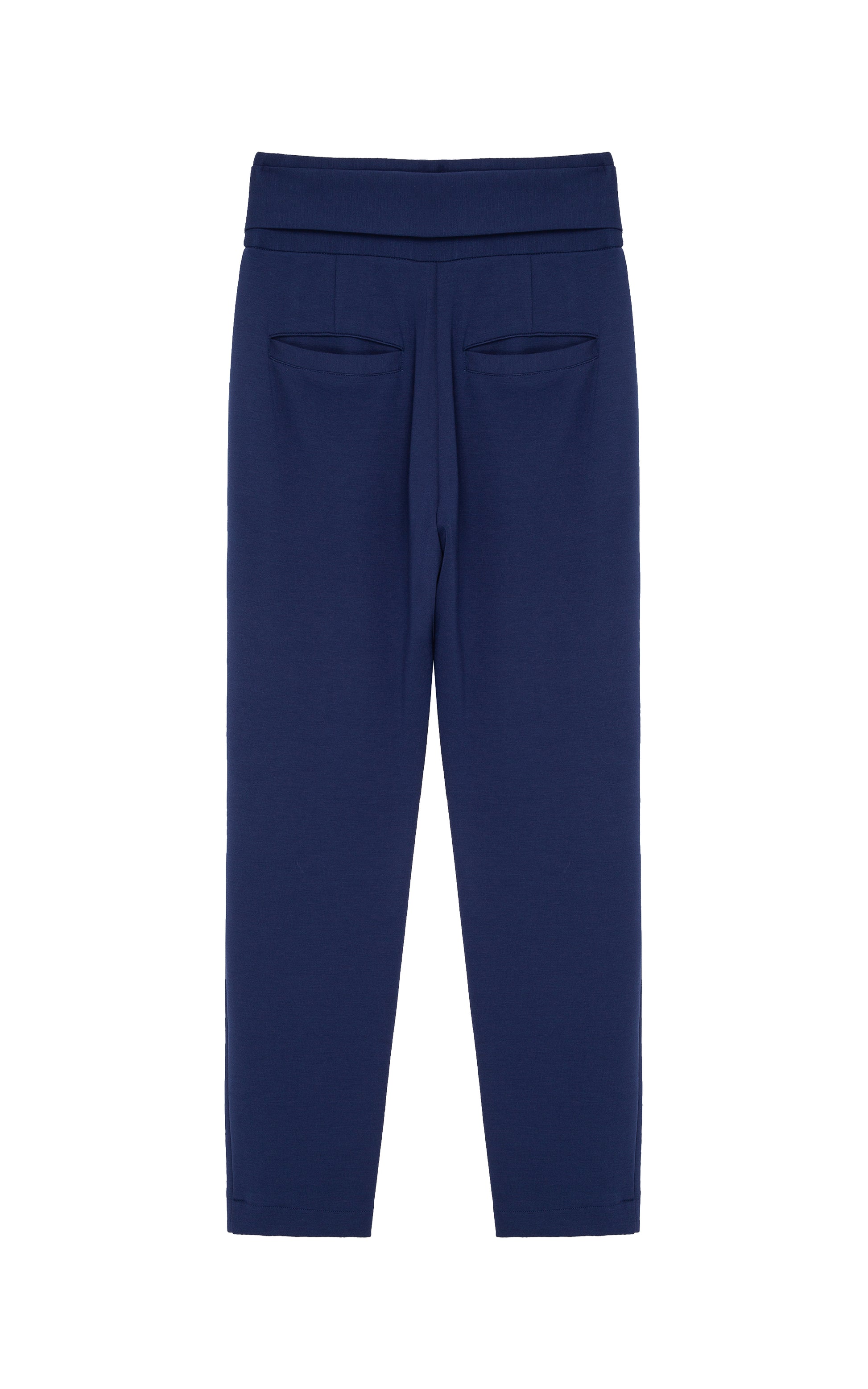 Back view of high-waisted navy fabric pant