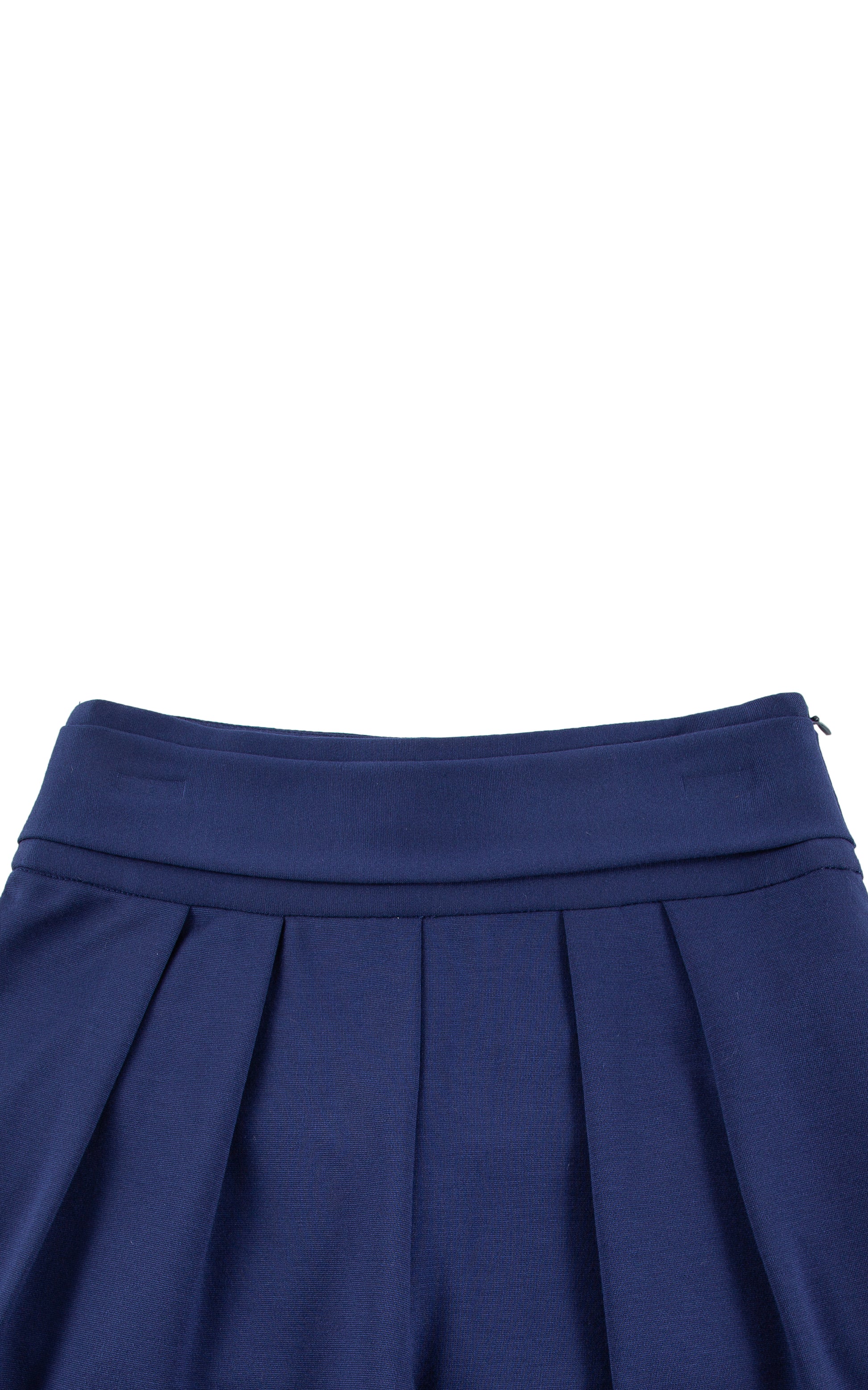 Cose up view of high-waisted navy fabric pant