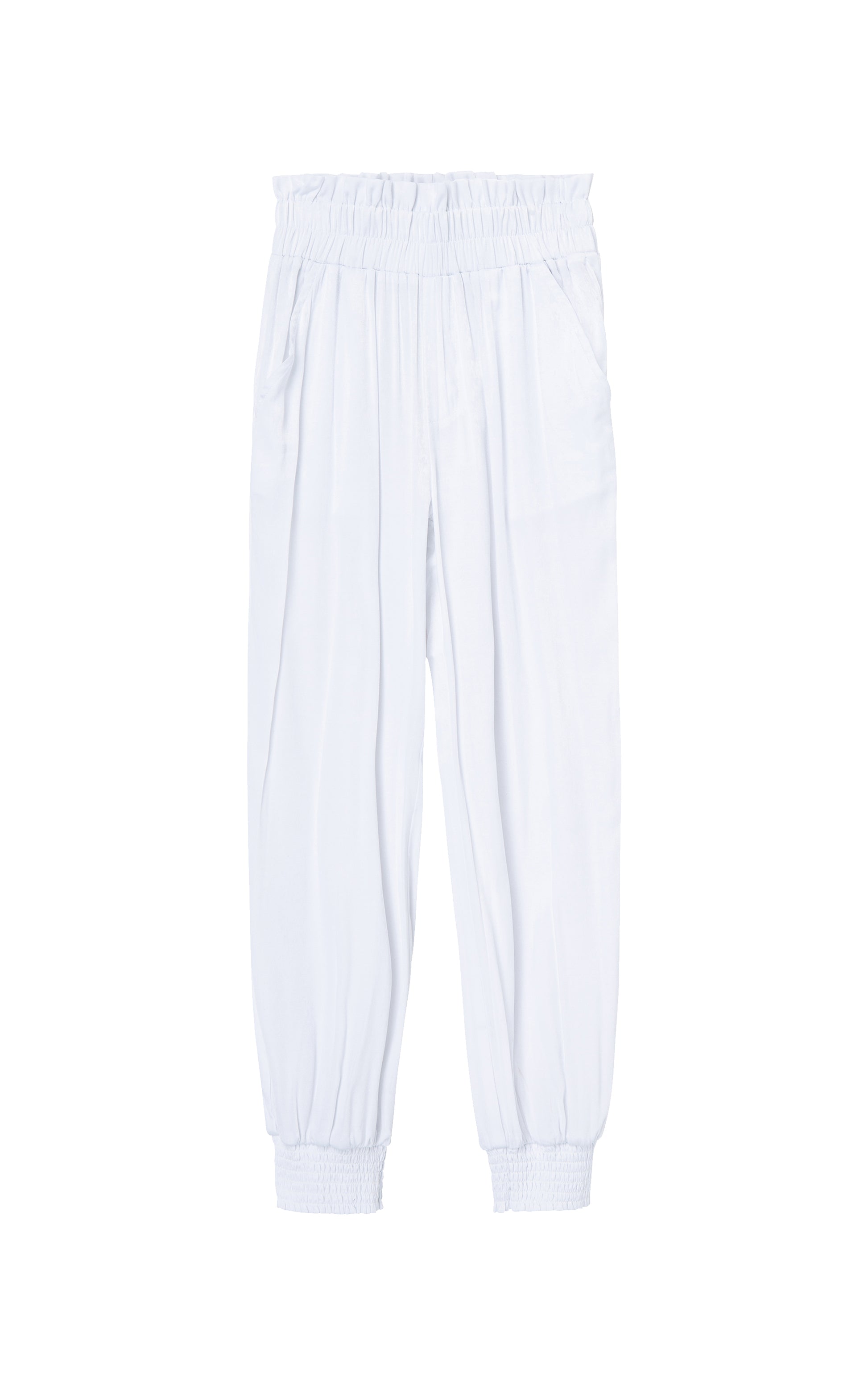 WHITE PULL ON PAPERBAG PANTS WITH SMOCKED WAISTBAND AND ANKLE CUFFS