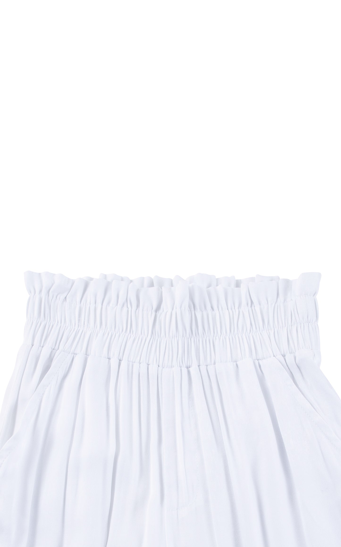 CLOSE UP OF WHITE PULL ON PAPERBAG PANTS WITH SMOCKED WAISTBAND 