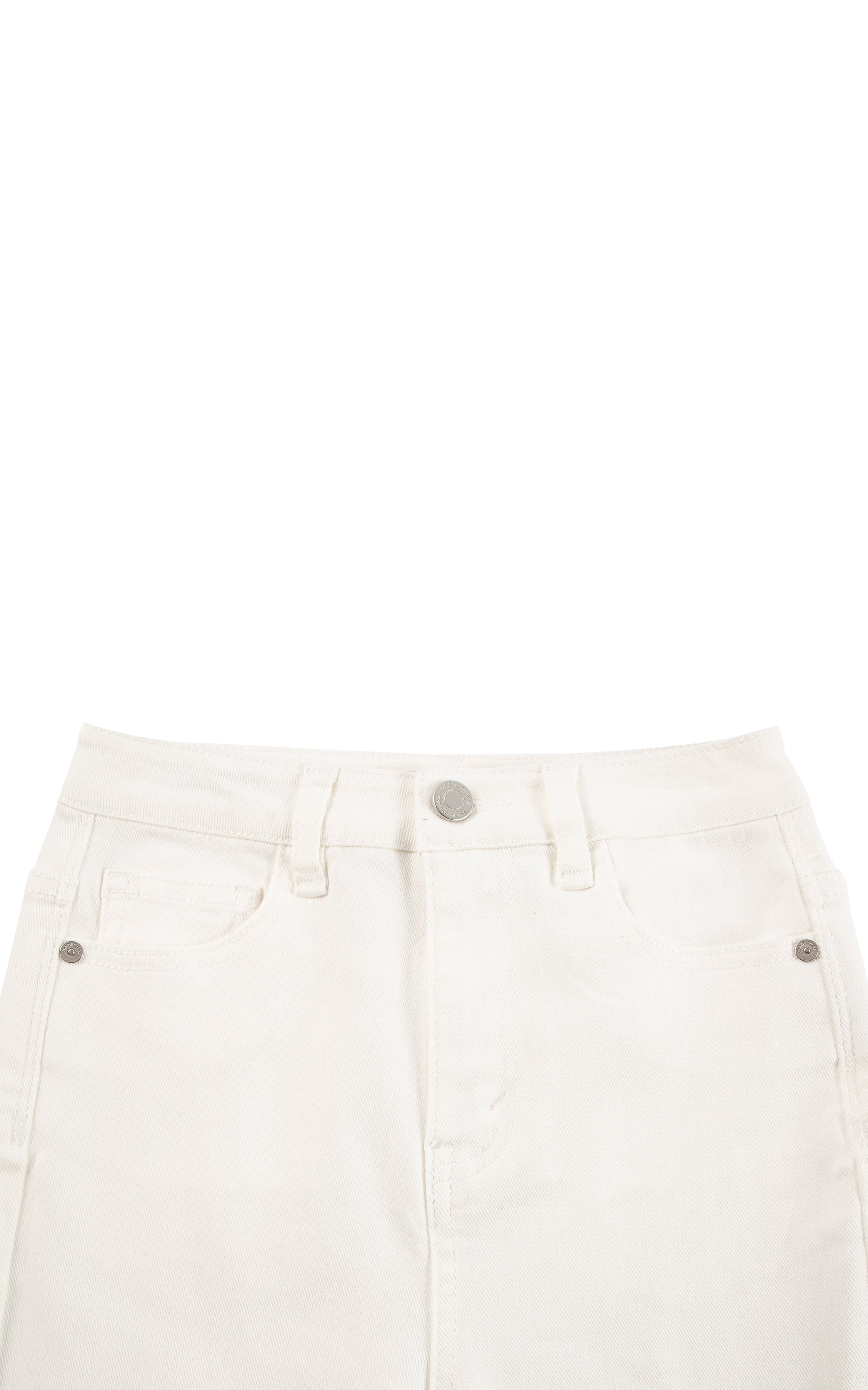 CLOSE UP OF BUTTON UP WAISTBAND OF WHITE JEANS 