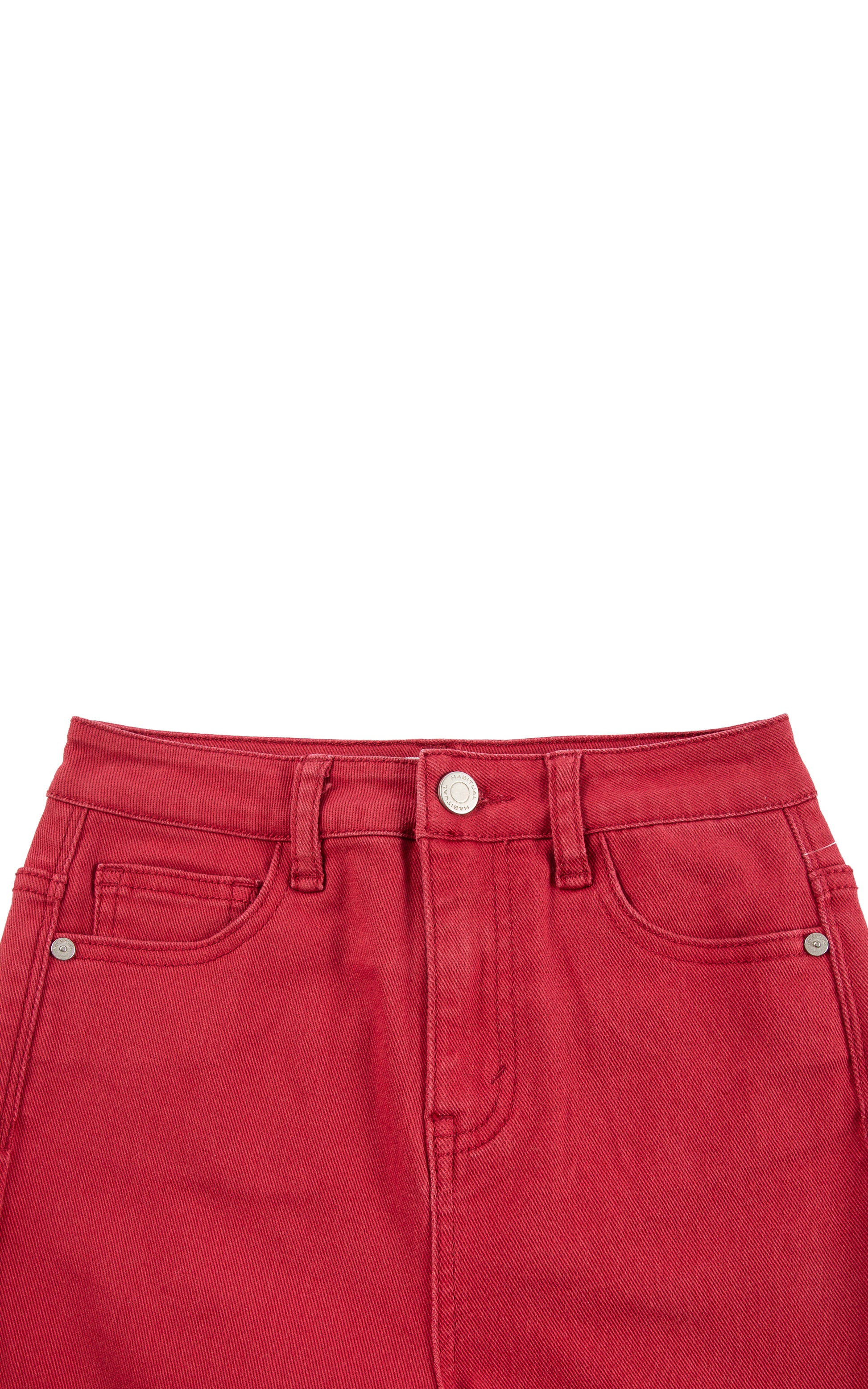 CLOSE UP OF DARK RED FLARE LEG JEANS BUTTON UP WAISTBAND