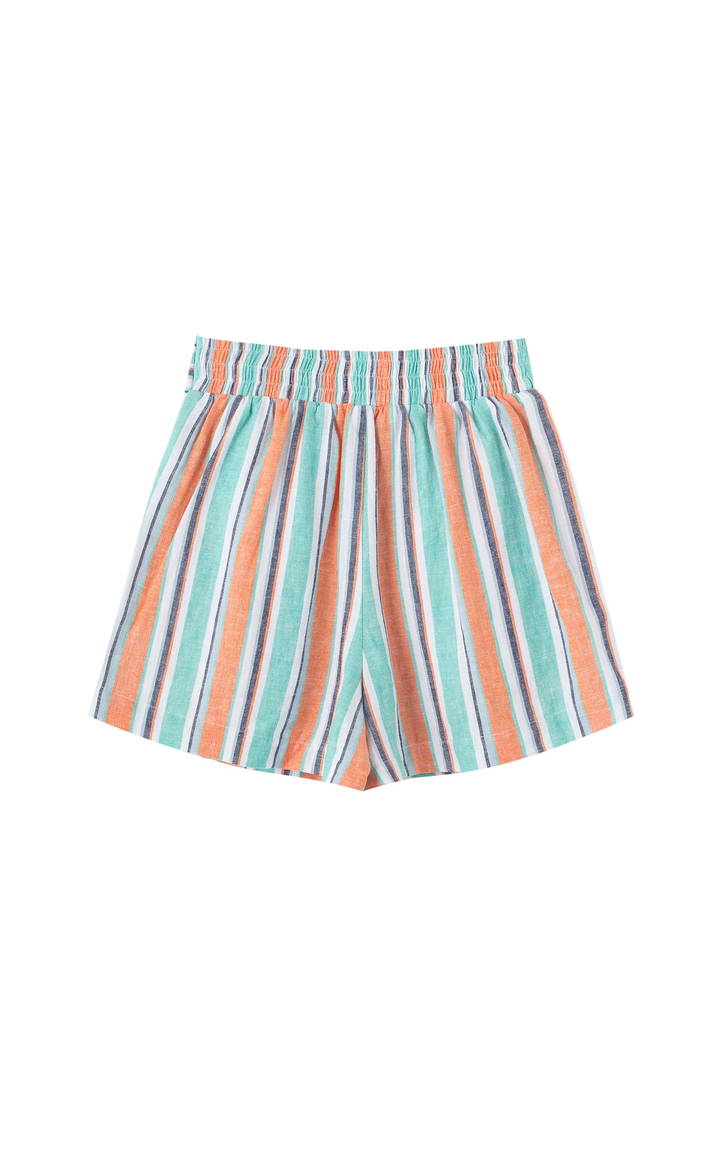BACK OF ORANGE-GREEN-WHITE-AND-GREY-STRIPED SHORT WITH BOW