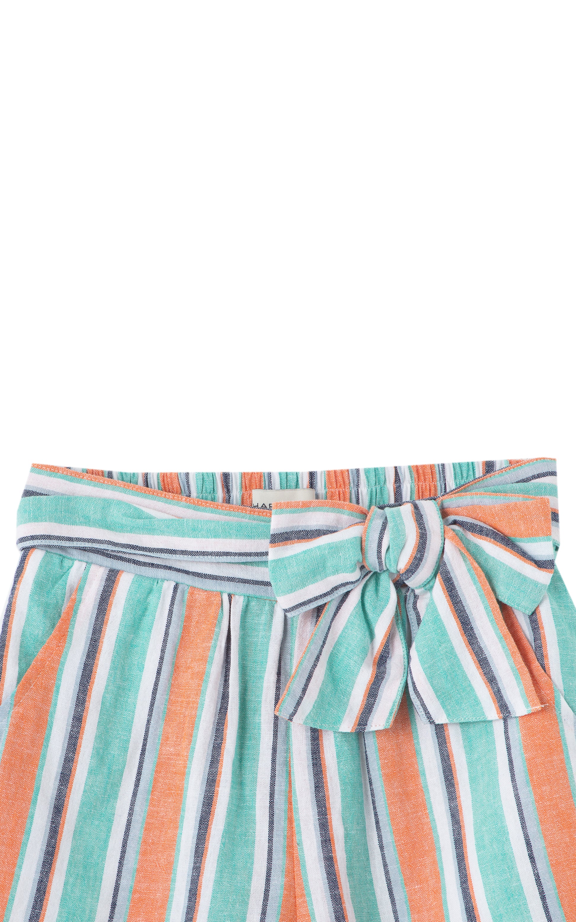 CLOSE UP OF ORANGE-GREEN-WHITE-AND-GREY-STRIPED SHORT WITH BOW