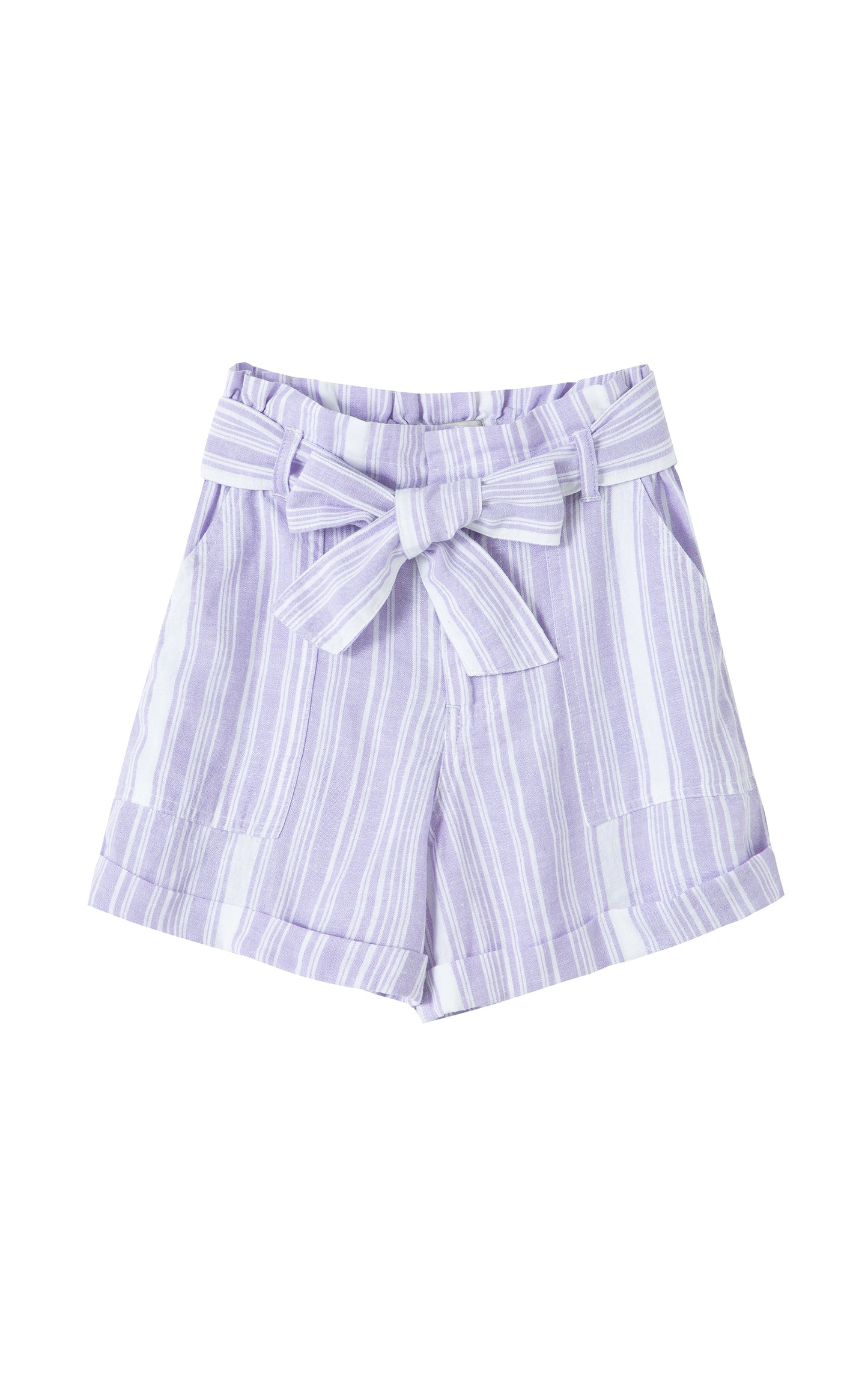 Front view of lilac paper bag shorts with white stripes 