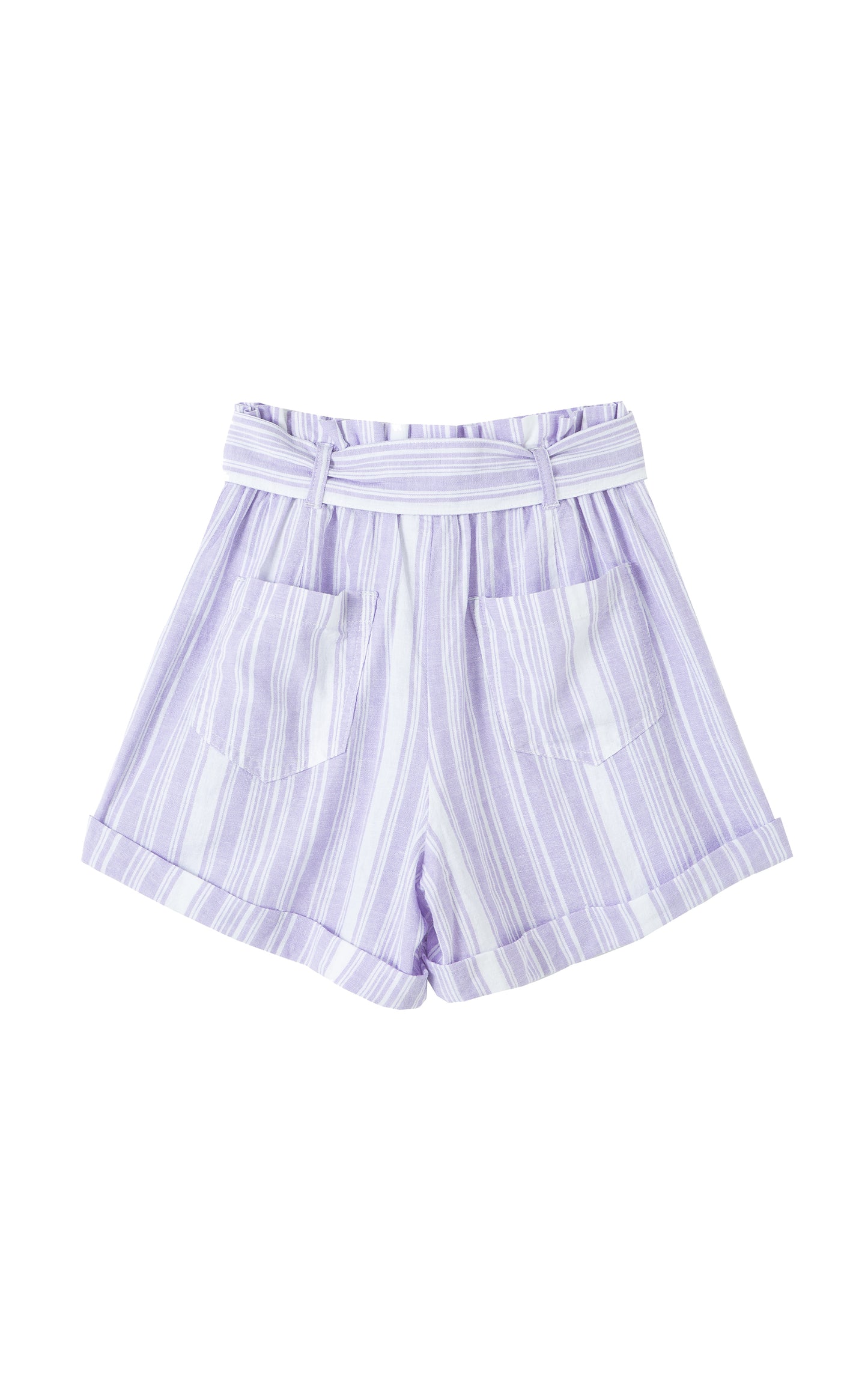 Back view of lilac paper bag shorts with white stripes 