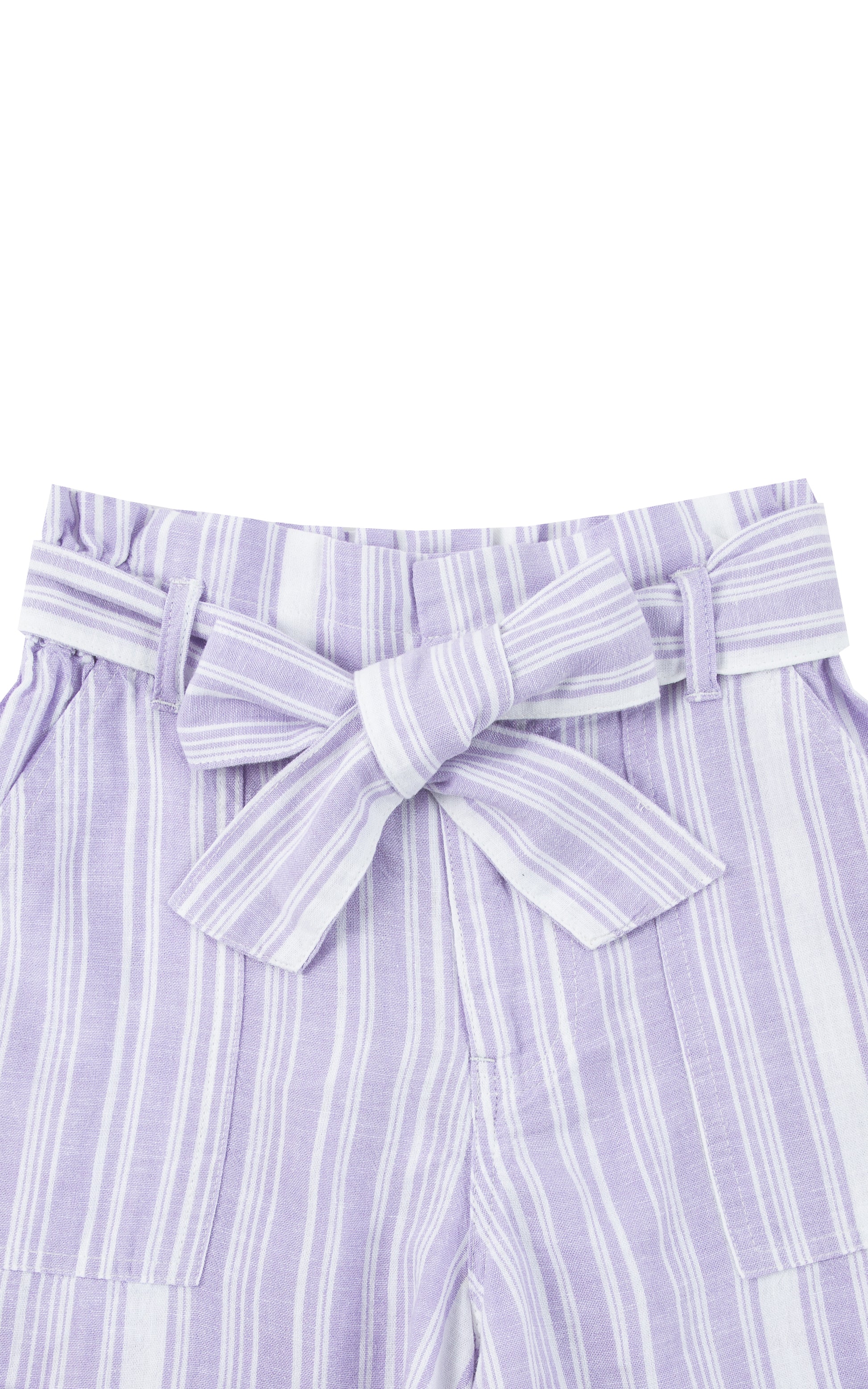 Close up top view of lilac paper bag shorts with white stripes 