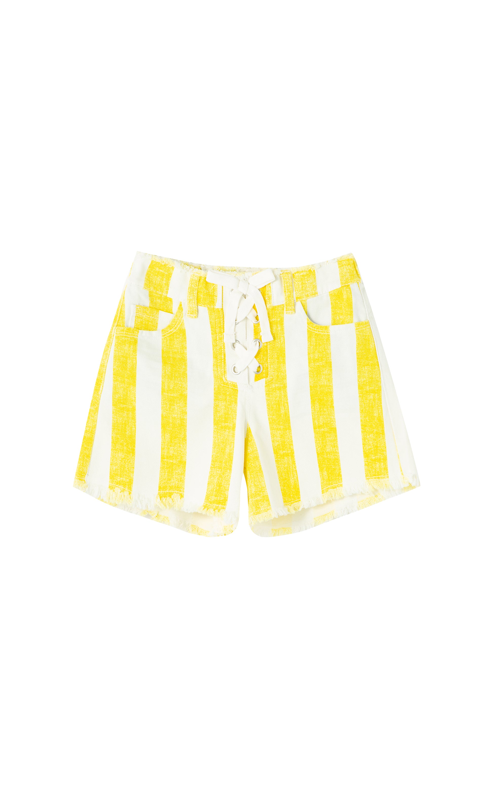 Front view of yellow linen shorts with white stripes and lace detailing 
