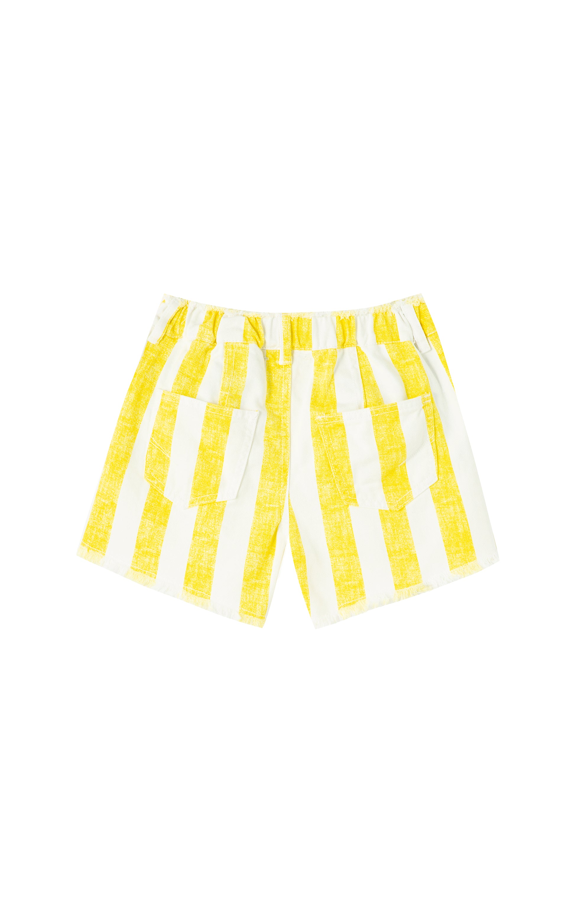 Back view of yellow linen shorts with white stripes and lace detailing 
