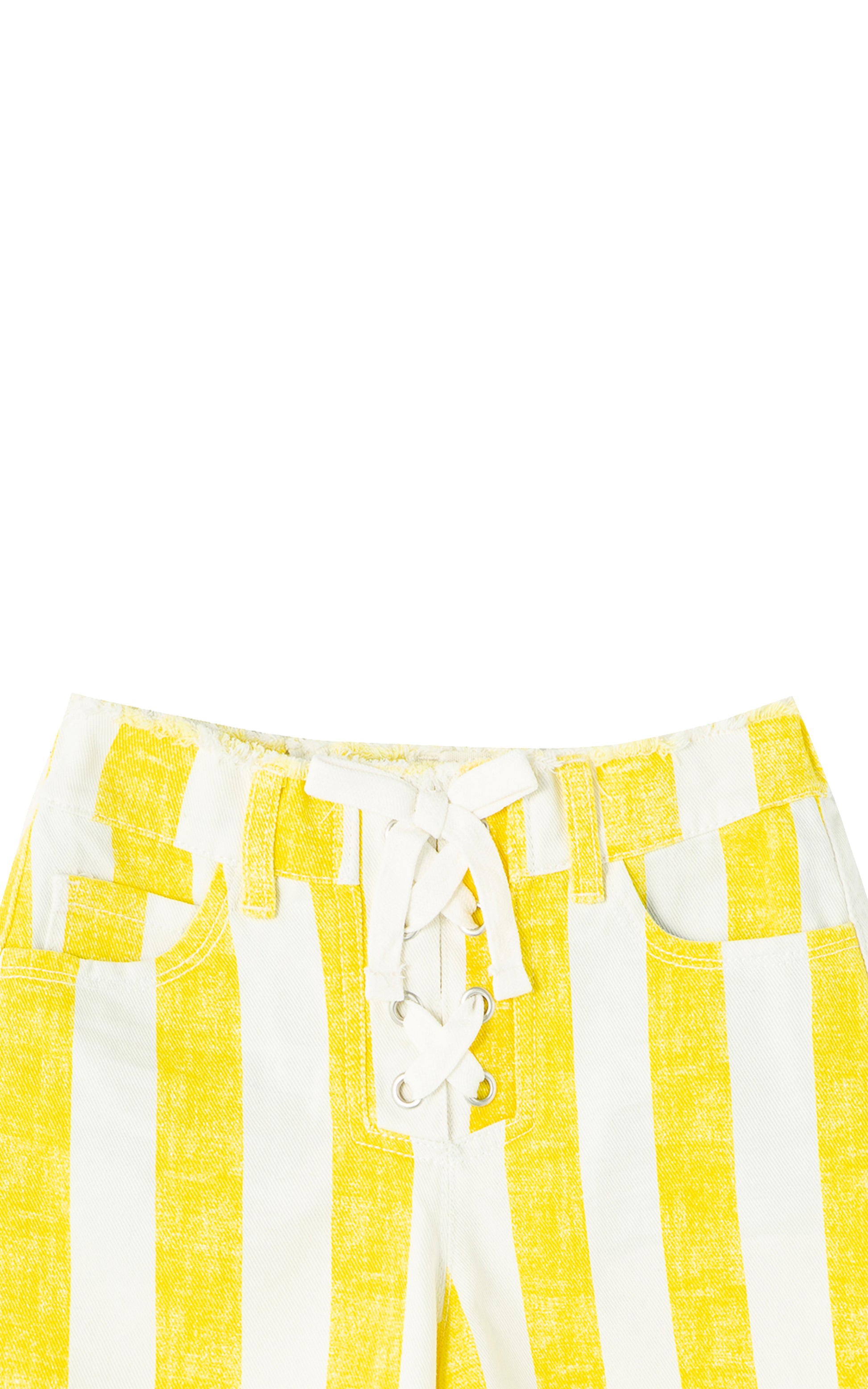Close up view of yellow linen shorts with white stripes and lace detailing 