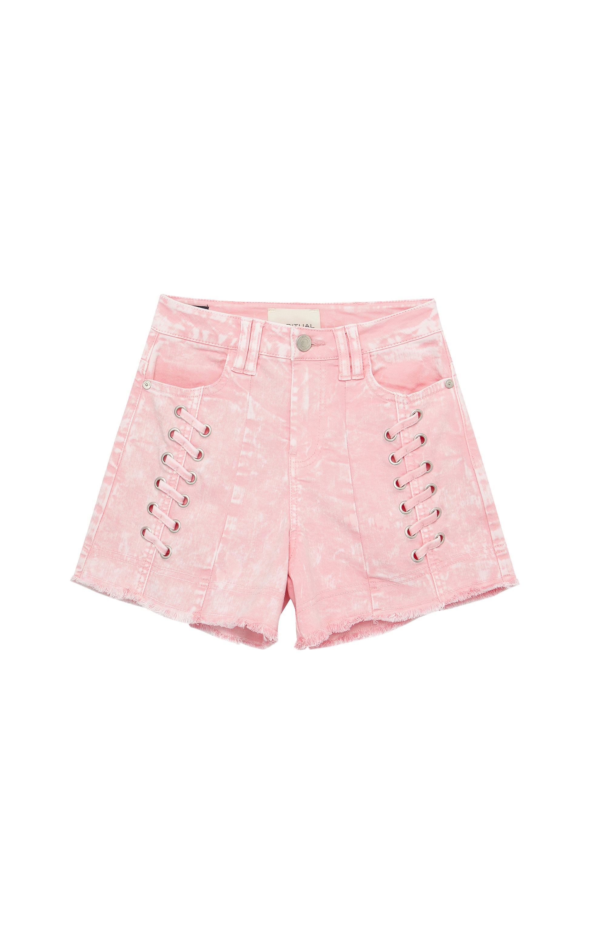 Pink denim lace front shorts