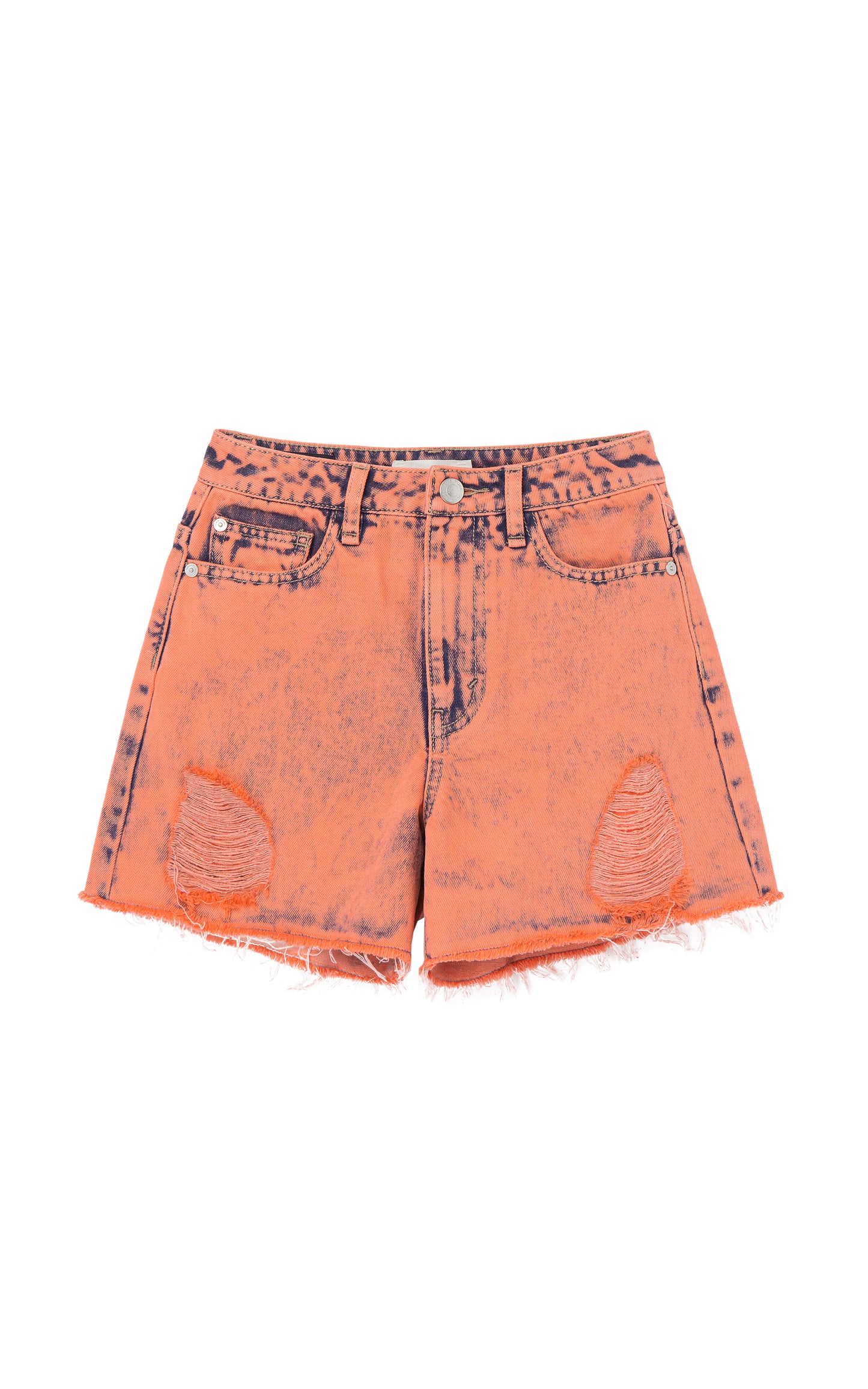 Coral, ripped-style high-waisted denim shorts