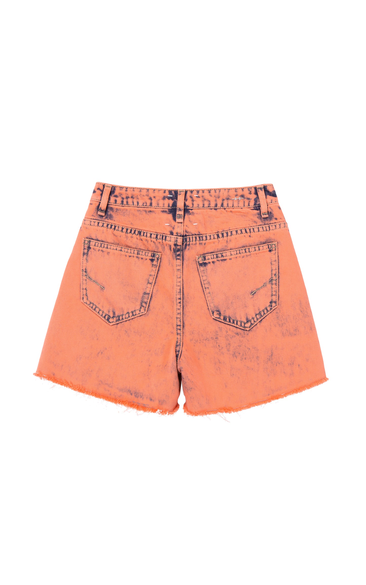 Back of coral, ripped-style high-waisted denim shorts