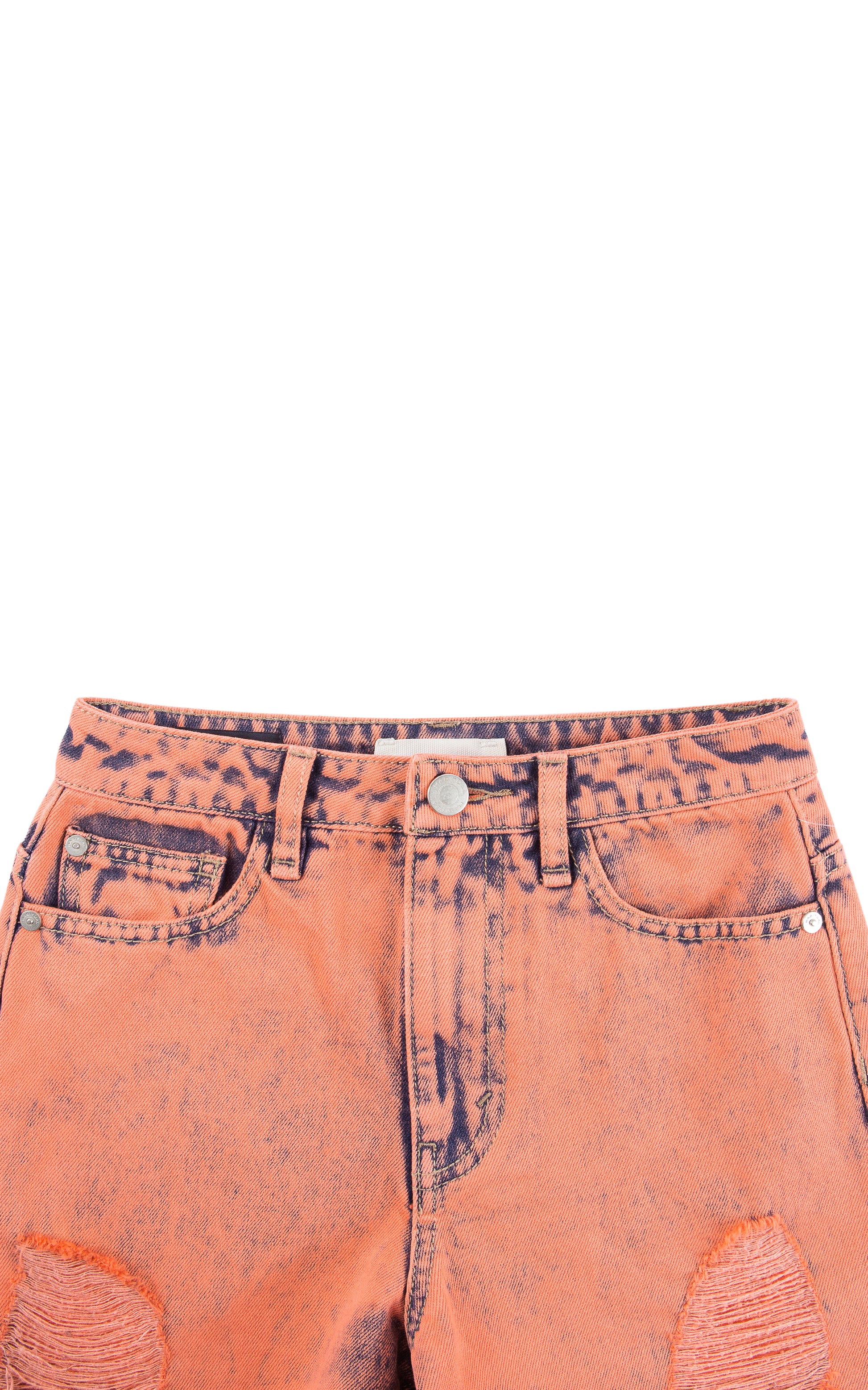 Close up of coral, ripped-style high-waisted denim shorts