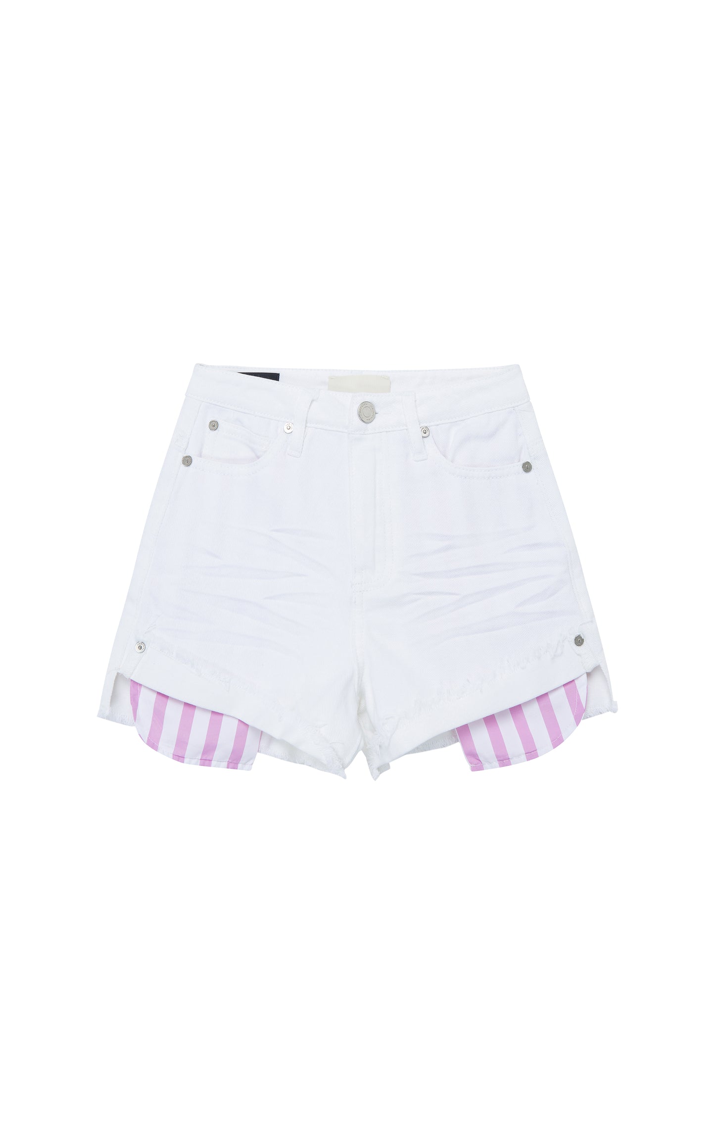 White denim shorts with pink-and-white striped exposed pockets