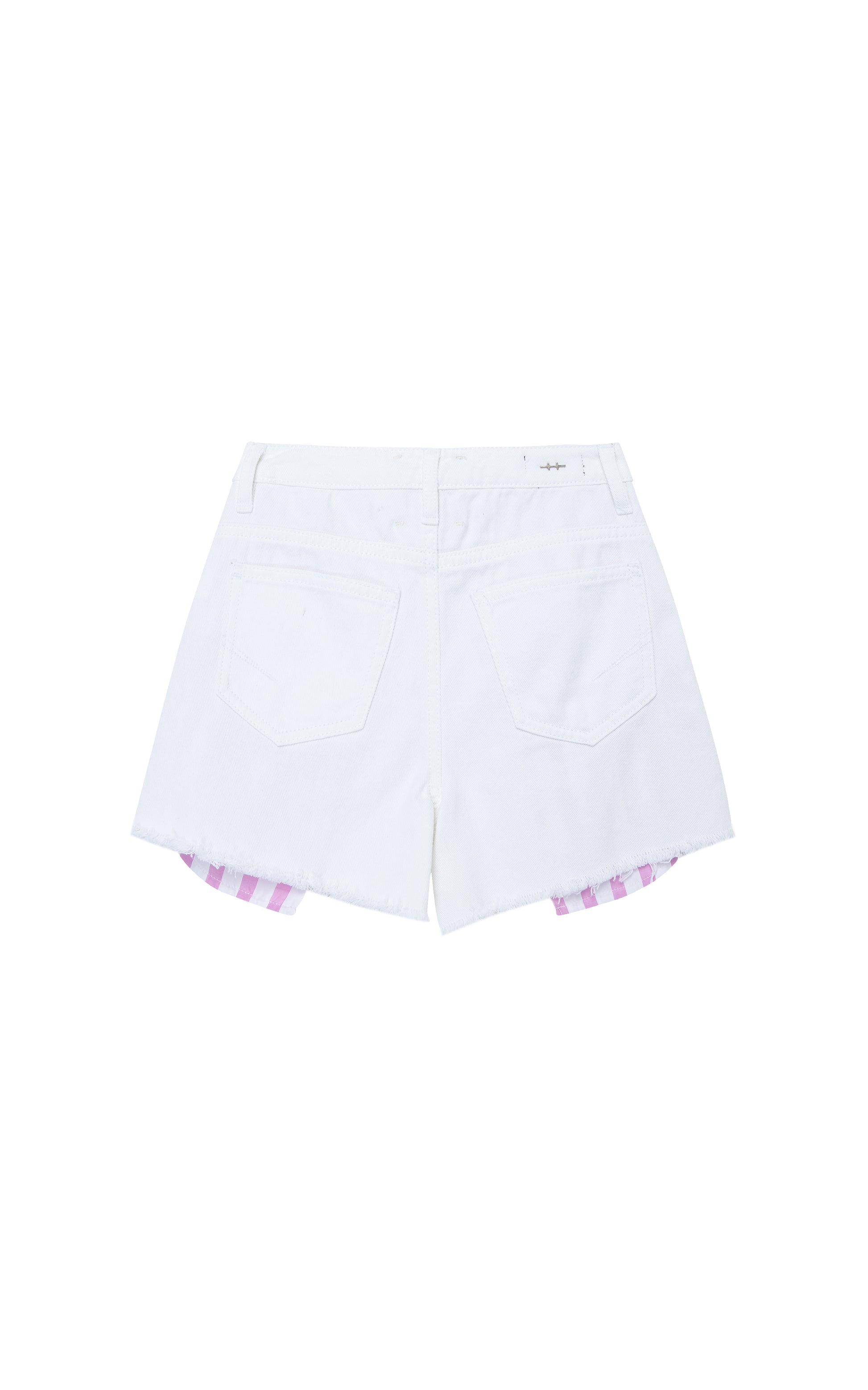 Back of white denim shorts with pink-and-white striped exposed pockets