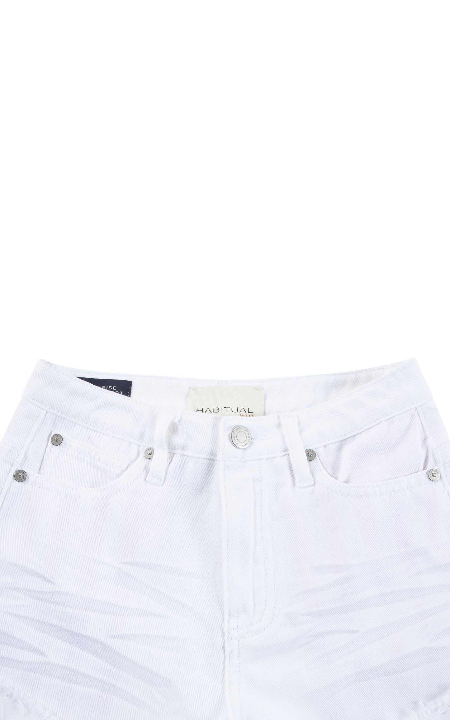 Close up of white denim shorts with pink-and-white striped exposed pockets