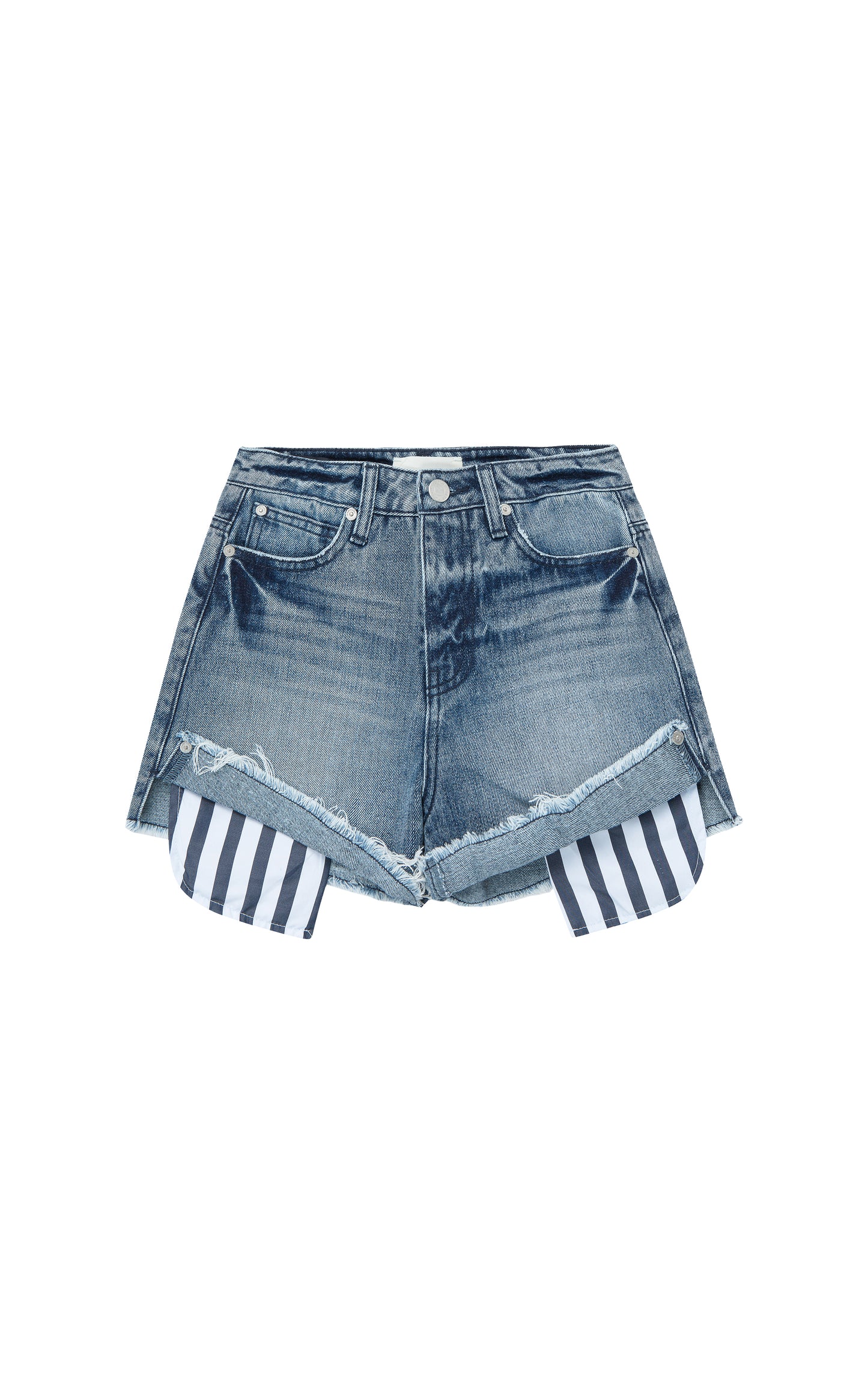 Denim shorts with blue-and-white striped exposed pockets